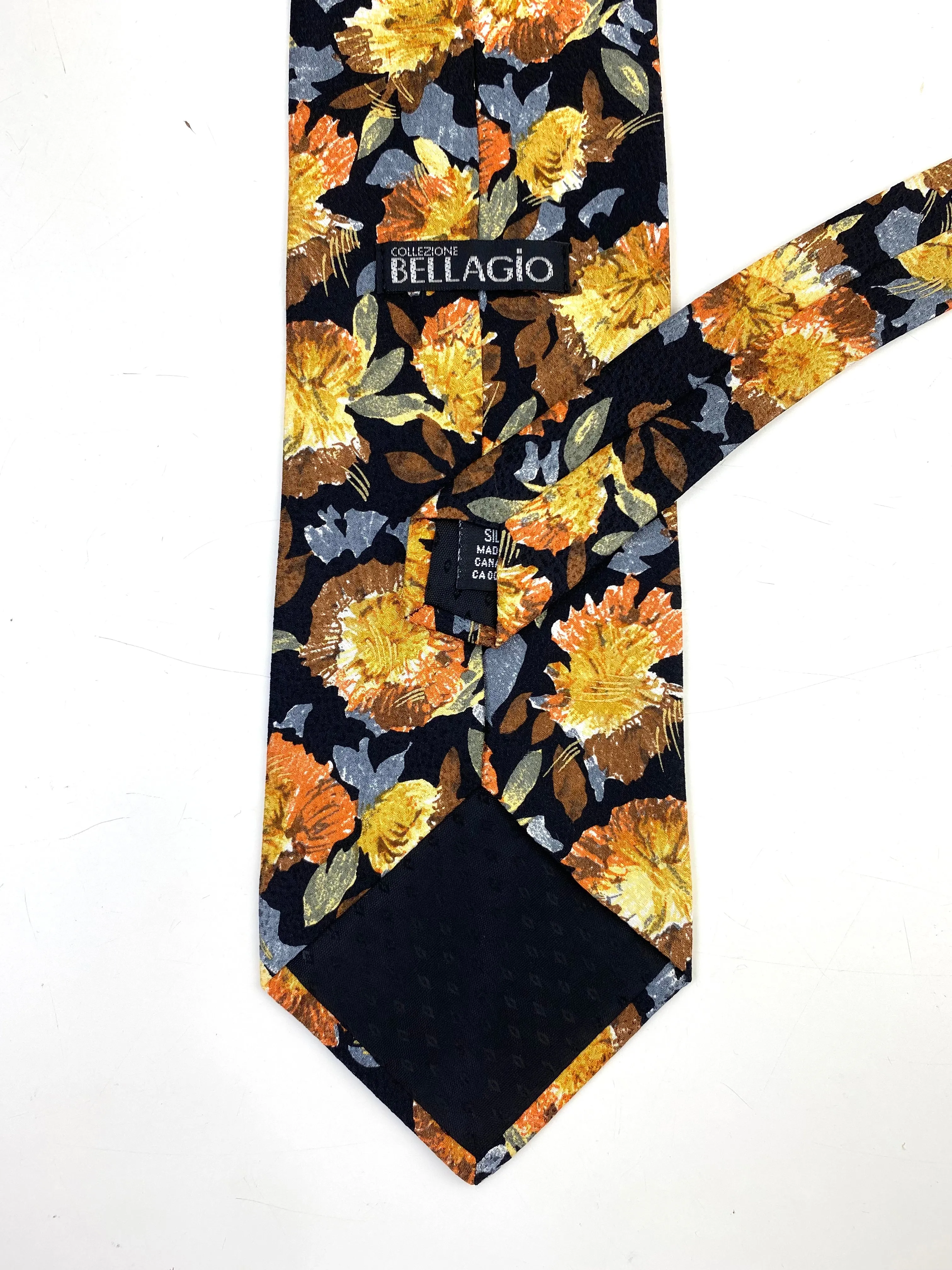 90s Deadstock Silk Necktie, Men's Vintage Gold Blue Floral Pattern Tie, Black Background, NOS