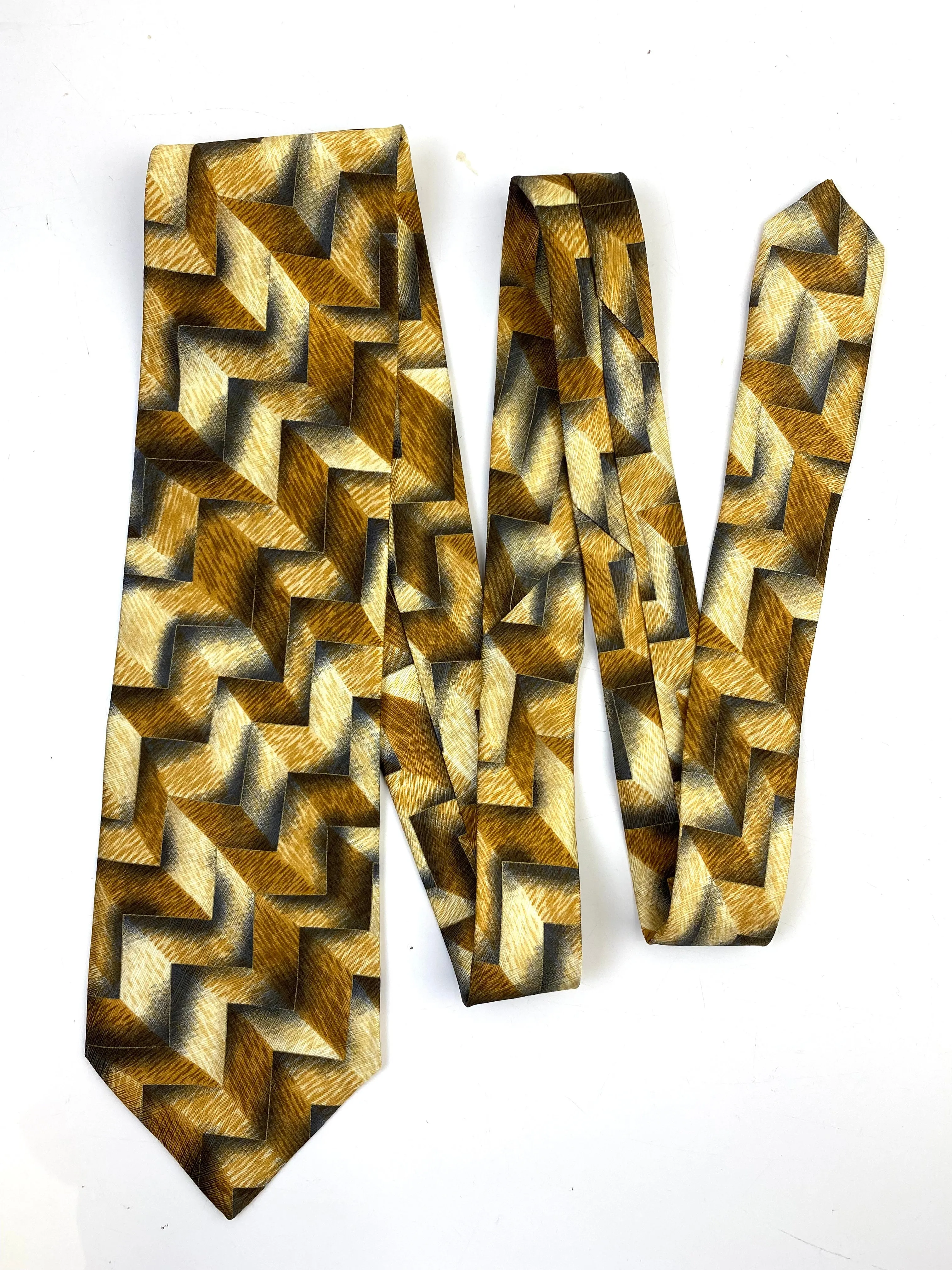 90s Deadstock Silk Necktie, Men's Vintage Gold Geo- Chevron Pattern Tie, NOS