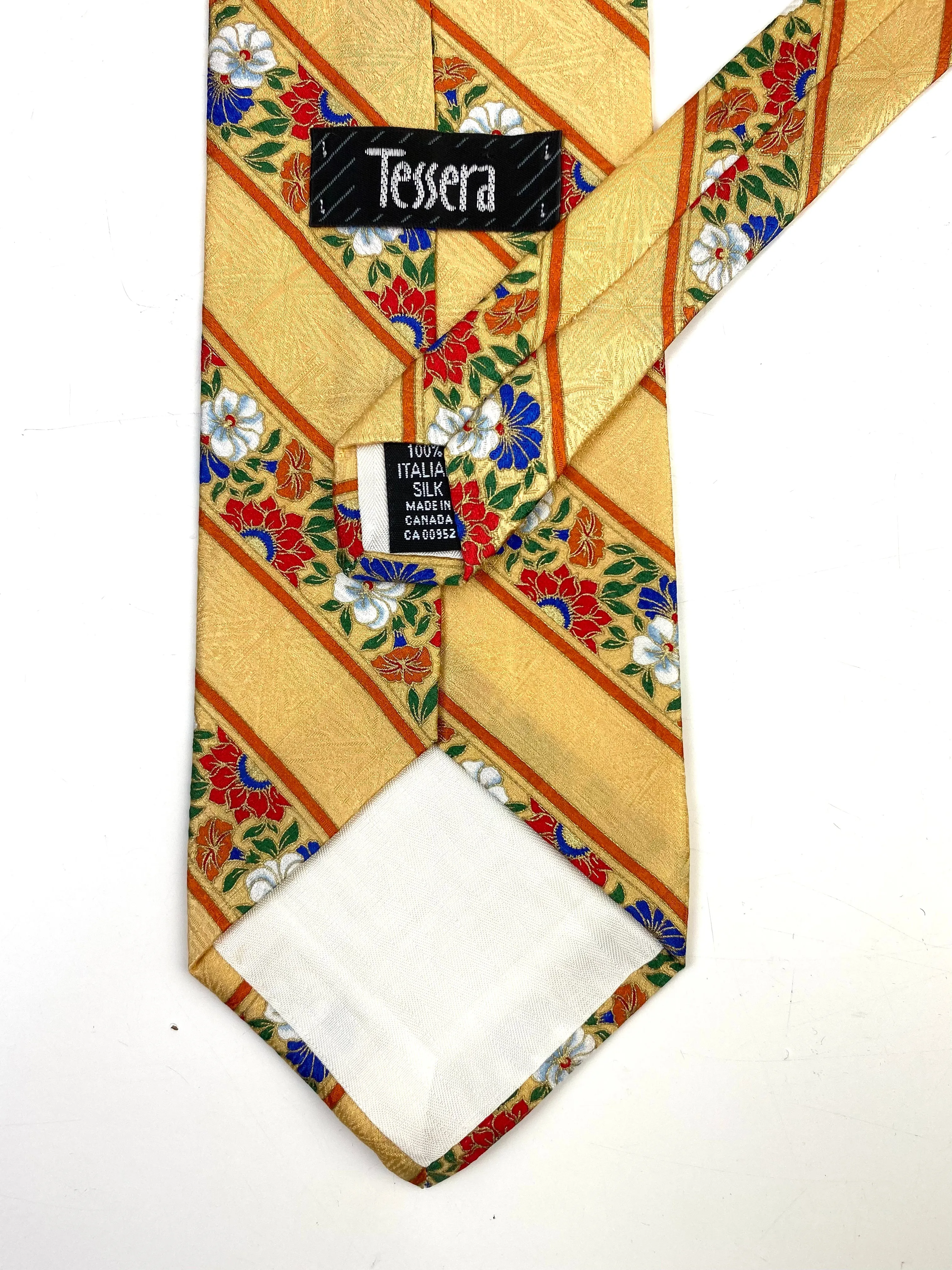 90s Deadstock Silk Necktie, Men's Vintage Gold/ Orange Diagonal Stripe Floral Pattern Tie, NOS