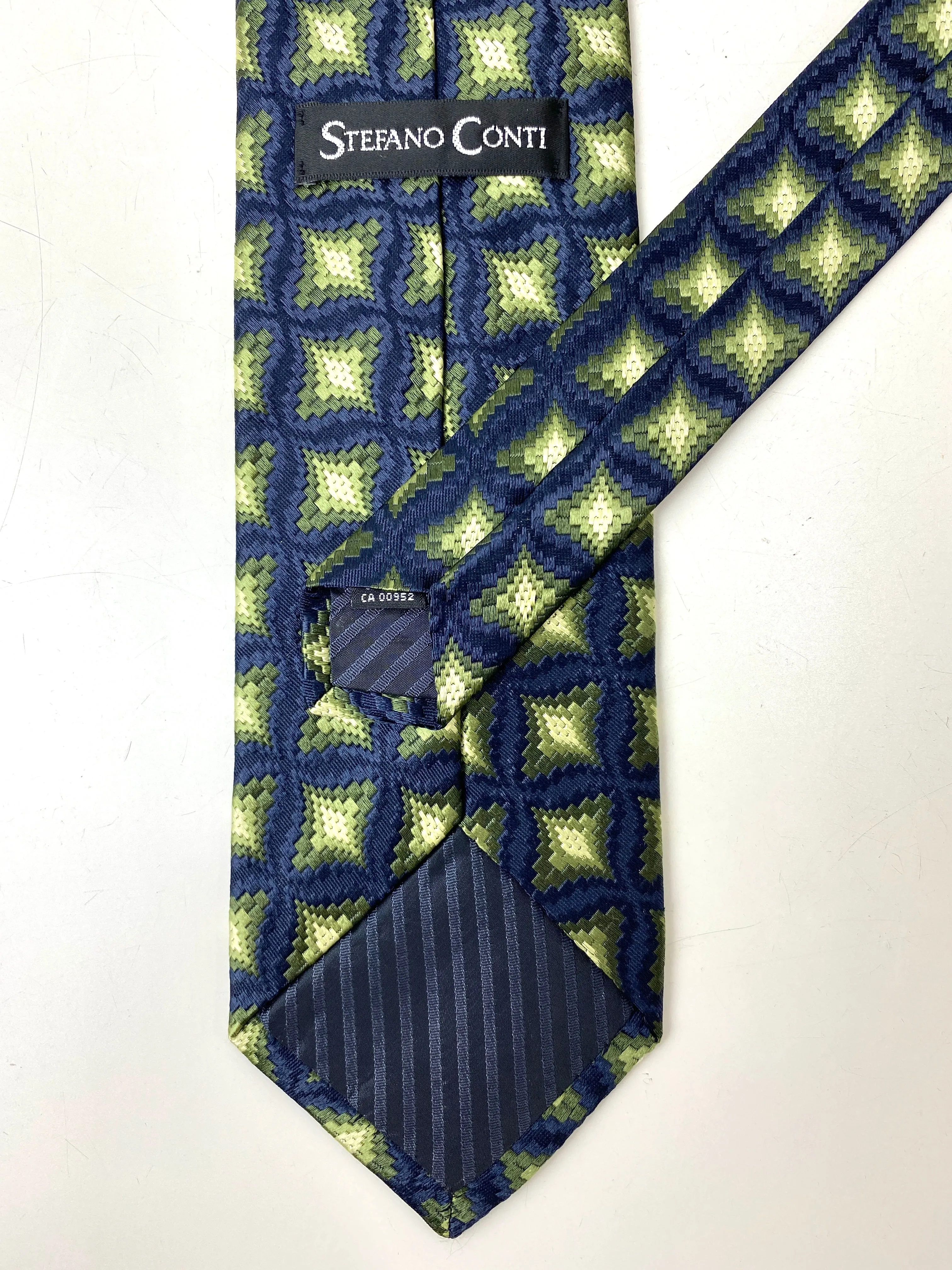 90s Deadstock Silk Necktie, Men's Vintage Green/ Navy Geometric Pattern Tie, NOS