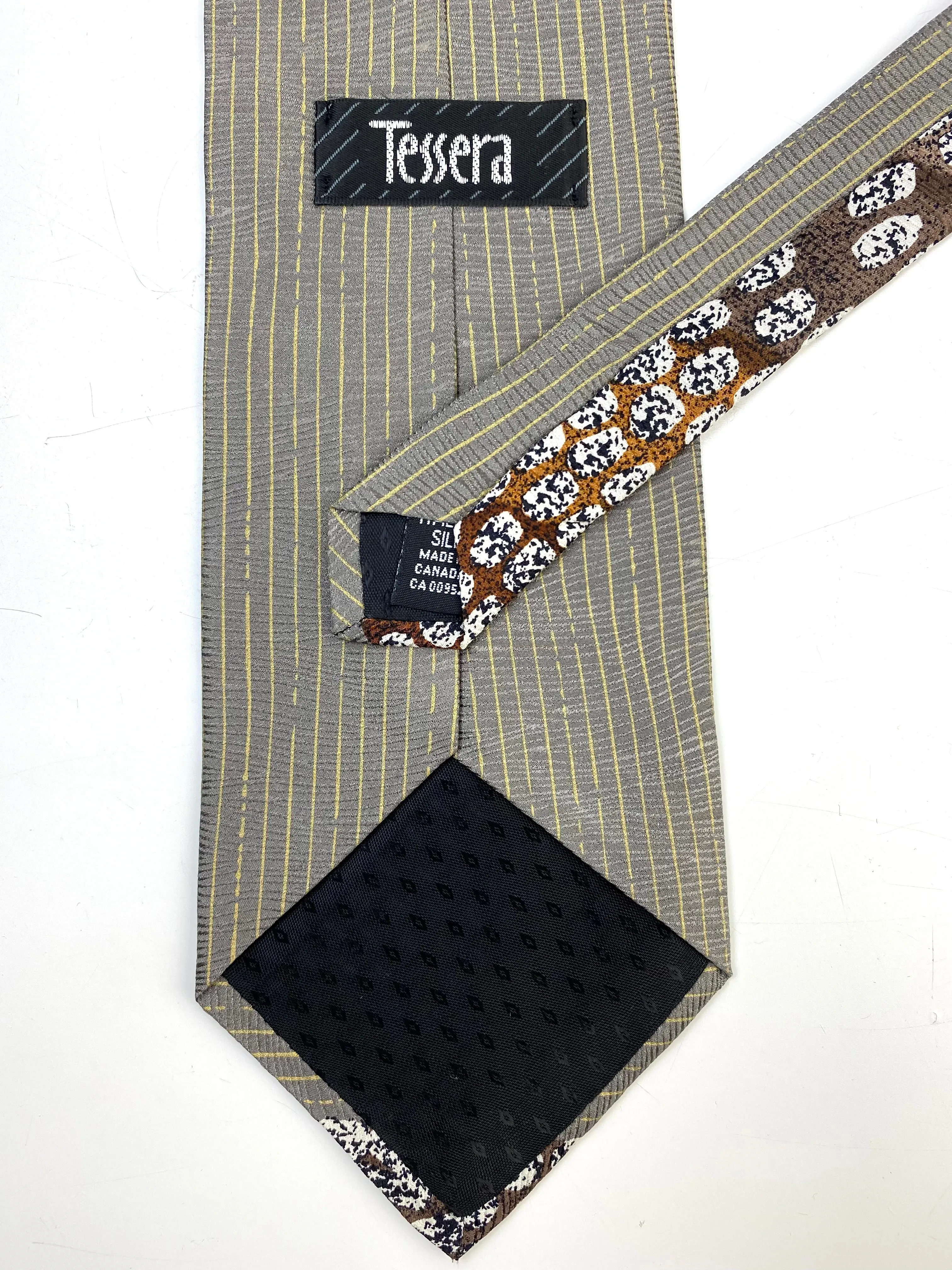 90s Deadstock Silk Necktie, Men's Vintage Grey/ Brown Abstract Pattern Tie, NOS
