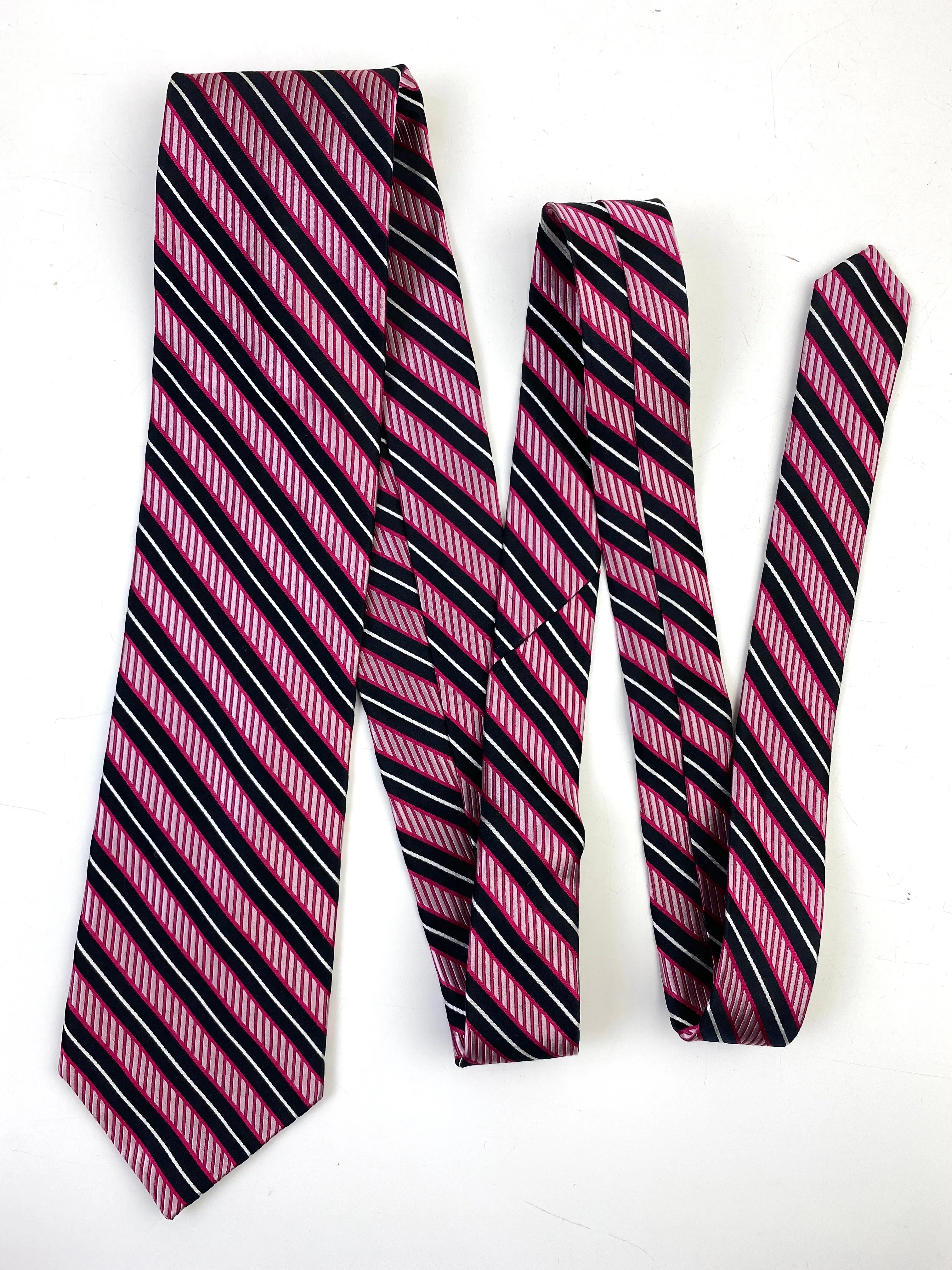 90s Deadstock Silk Necktie, Men's Vintage Pink/ Black Diagonal Stripe Pattern Tie, NOS