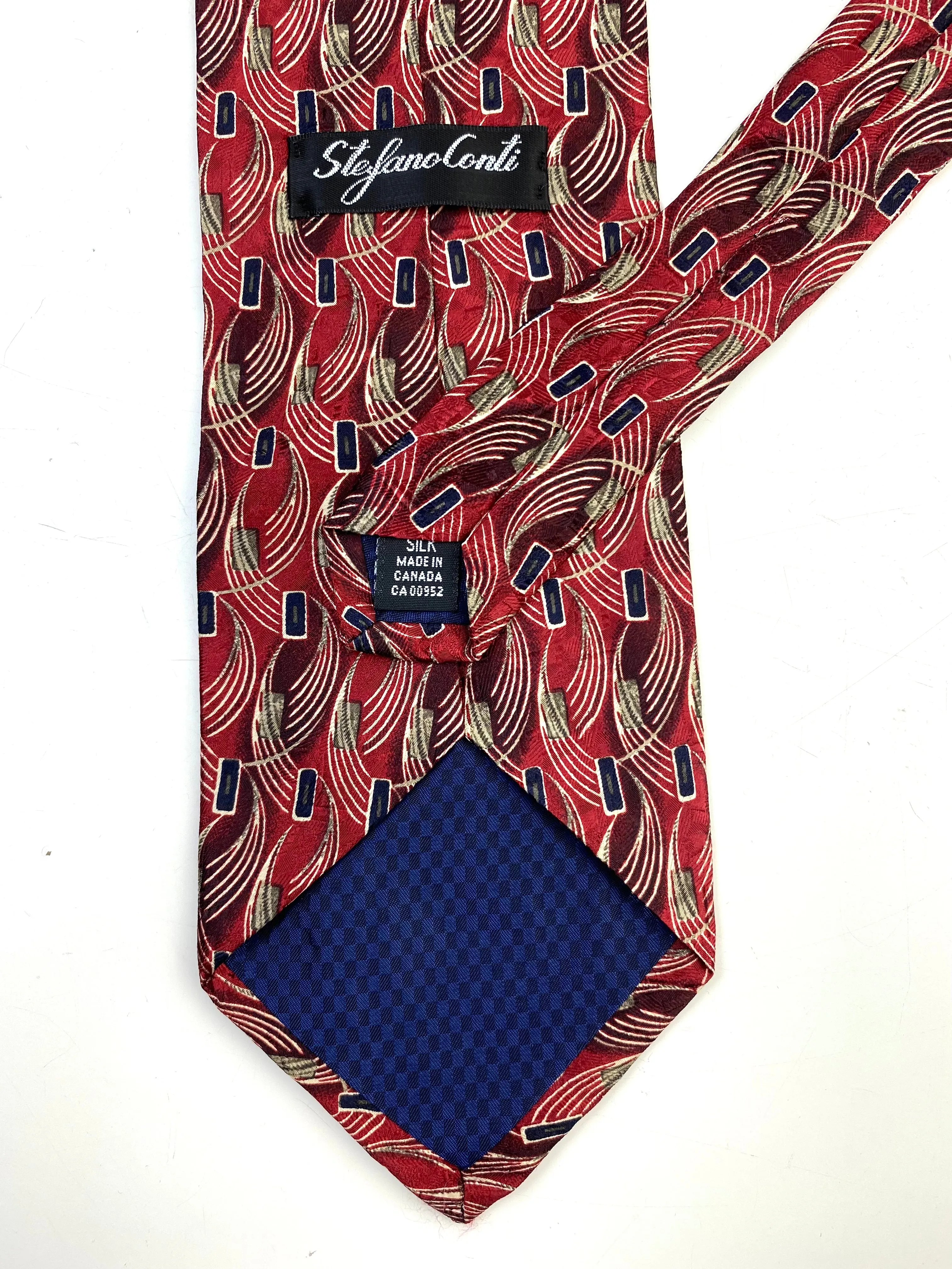 90s Deadstock Silk Necktie, Men's Vintage Red/ Wine Abstract Pattern Tie, NOS