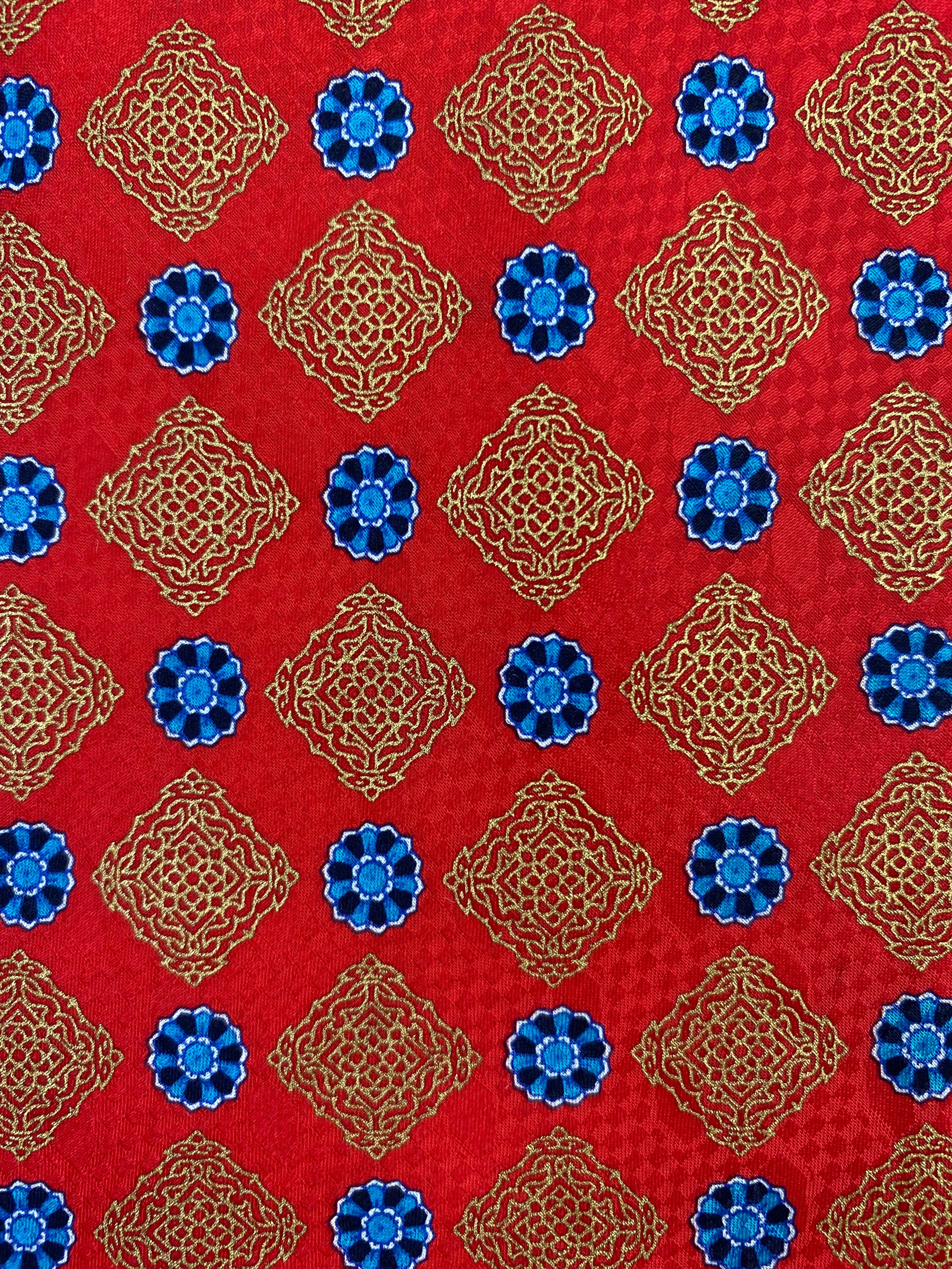 90s Deadstock Silk Necktie, Men's Vintage Red/Blue Foulard Medallion Pattern Tie, NOS