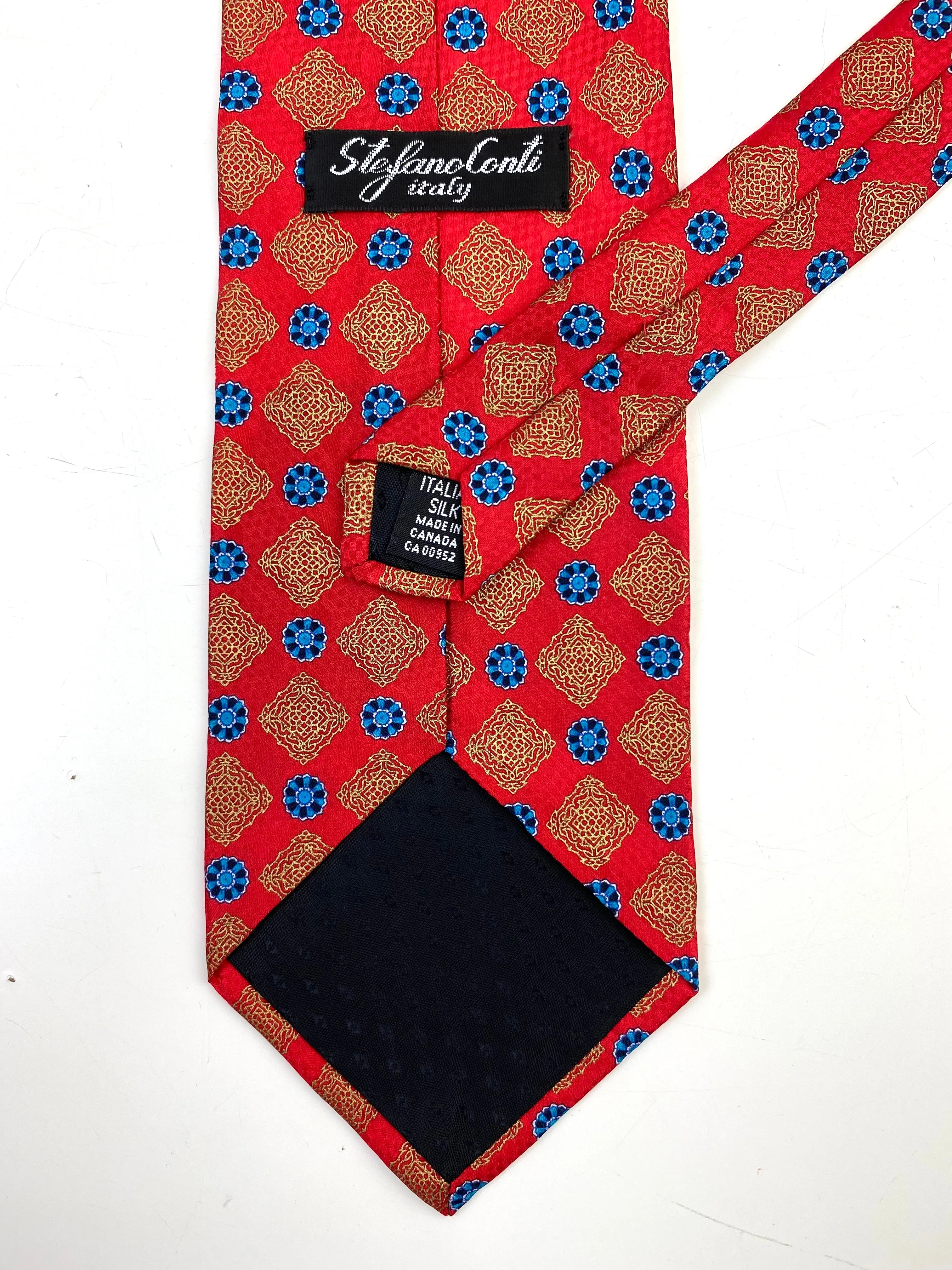 90s Deadstock Silk Necktie, Men's Vintage Red/Blue Foulard Medallion Pattern Tie, NOS