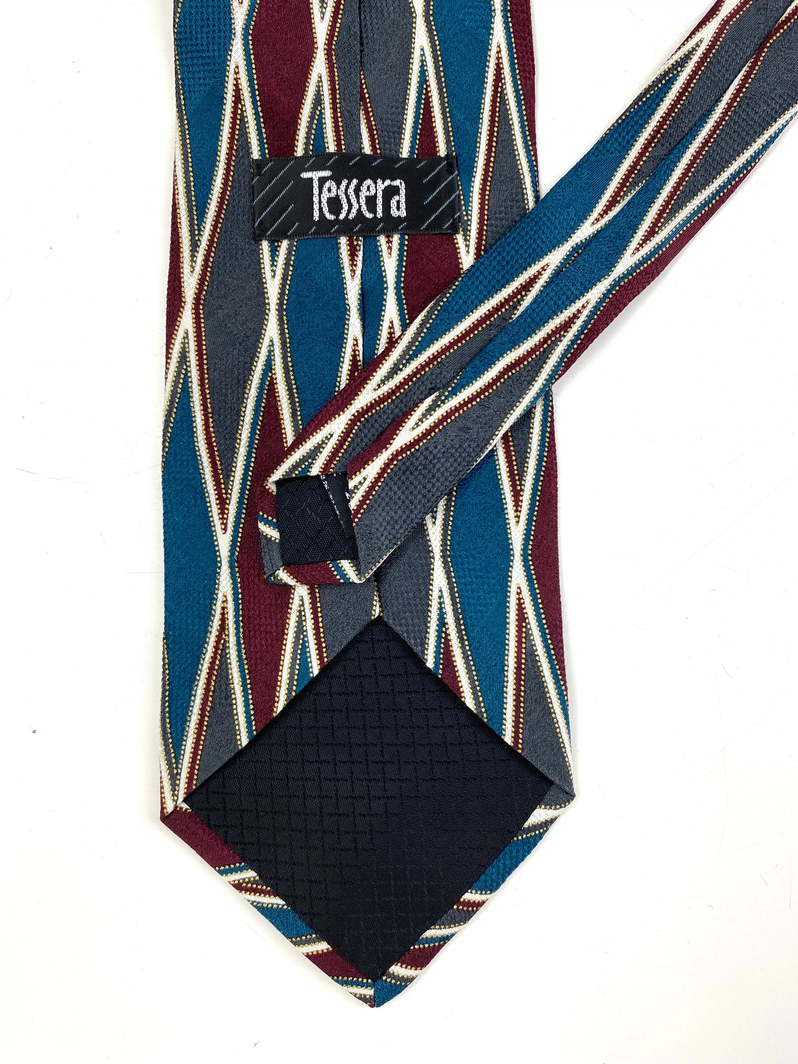 90s Deadstock Silk Necktie, Men's Vintage Teal/ Maroon/ Grey Diamond Harlequin Pattern Tie, NOS
