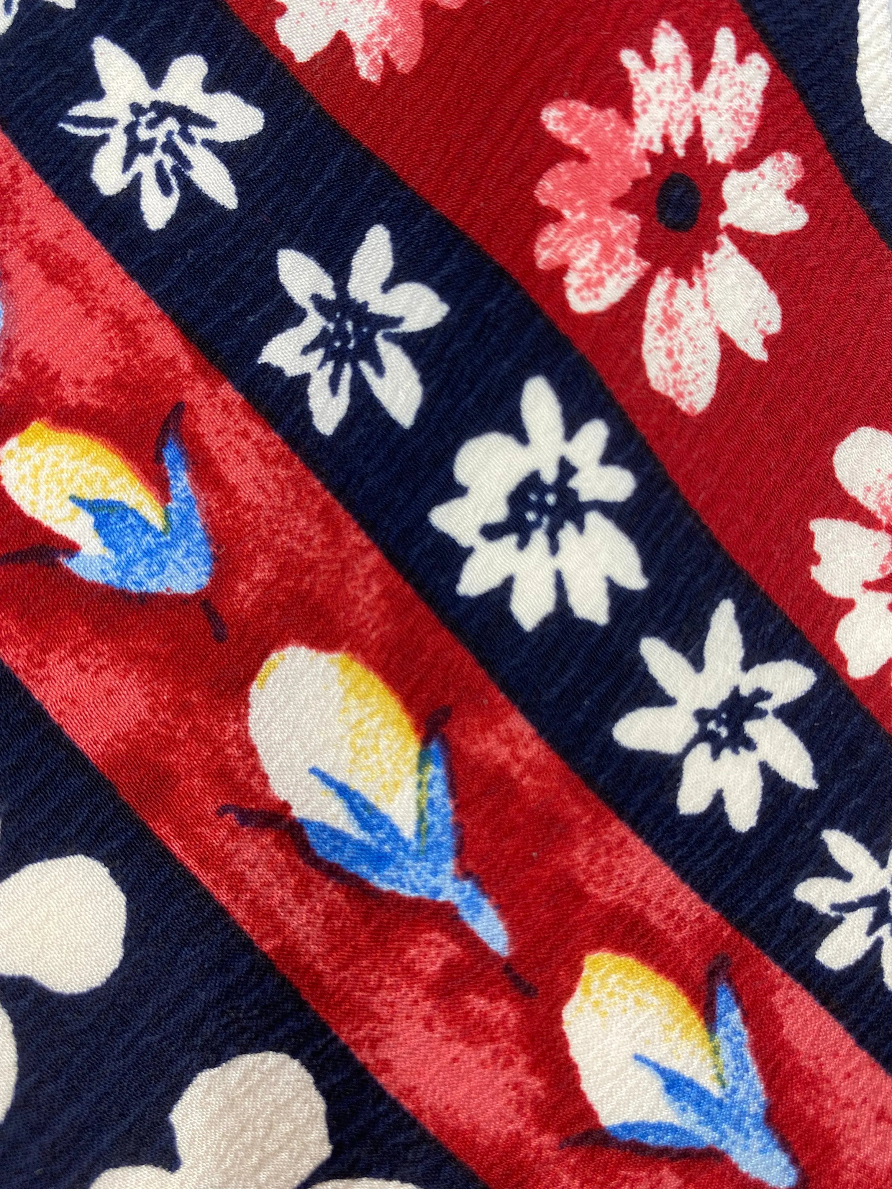 90s Deadstock Silk Necktie, Vintage Red & Navy Diagonal Stripe Floral Pattern Tie, NOS