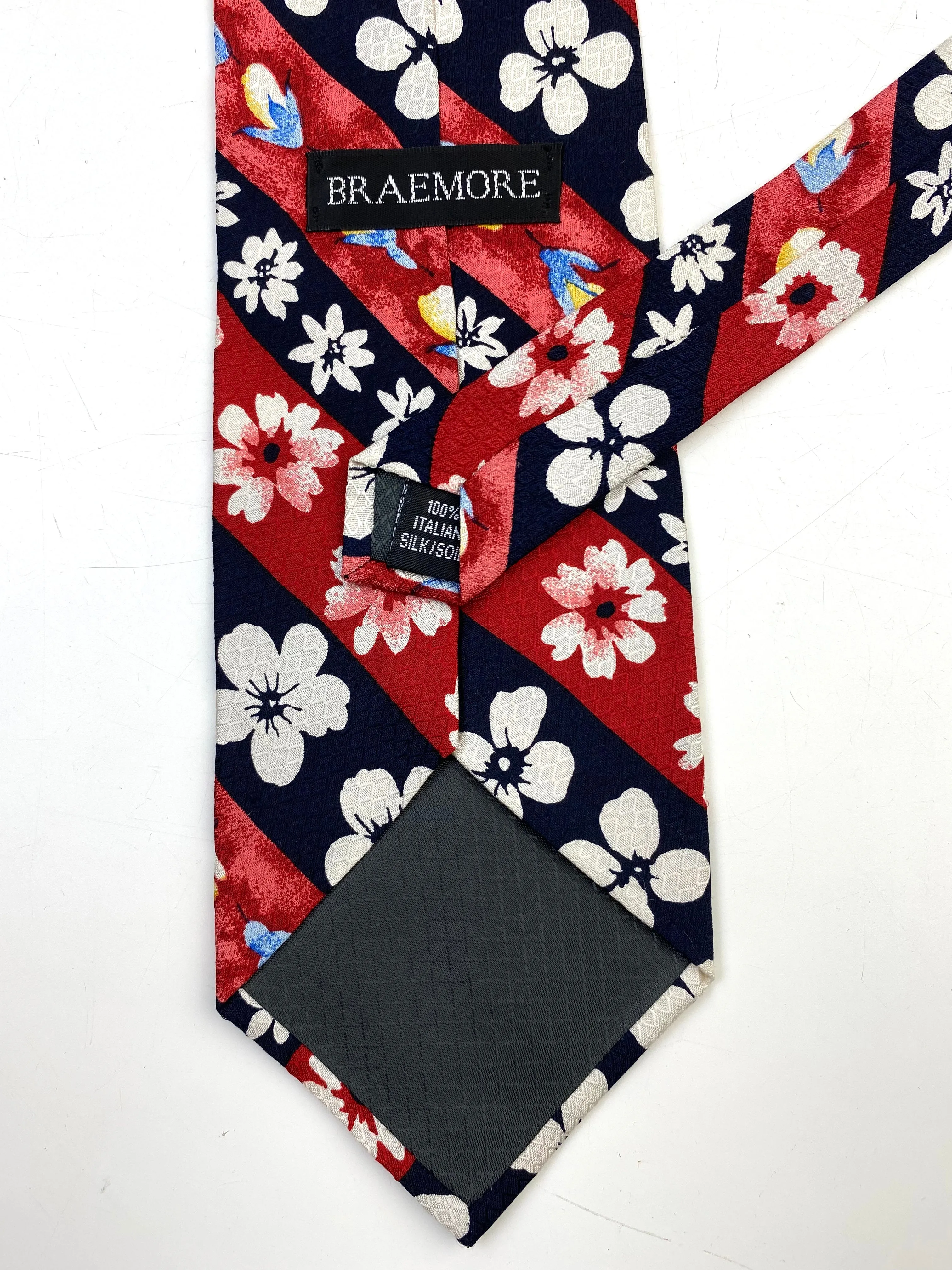 90s Deadstock Silk Necktie, Vintage Red & Navy Diagonal Stripe Floral Pattern Tie, NOS