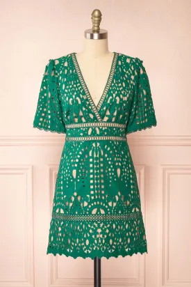 Analla | Short Green Crocheted Lace Dress