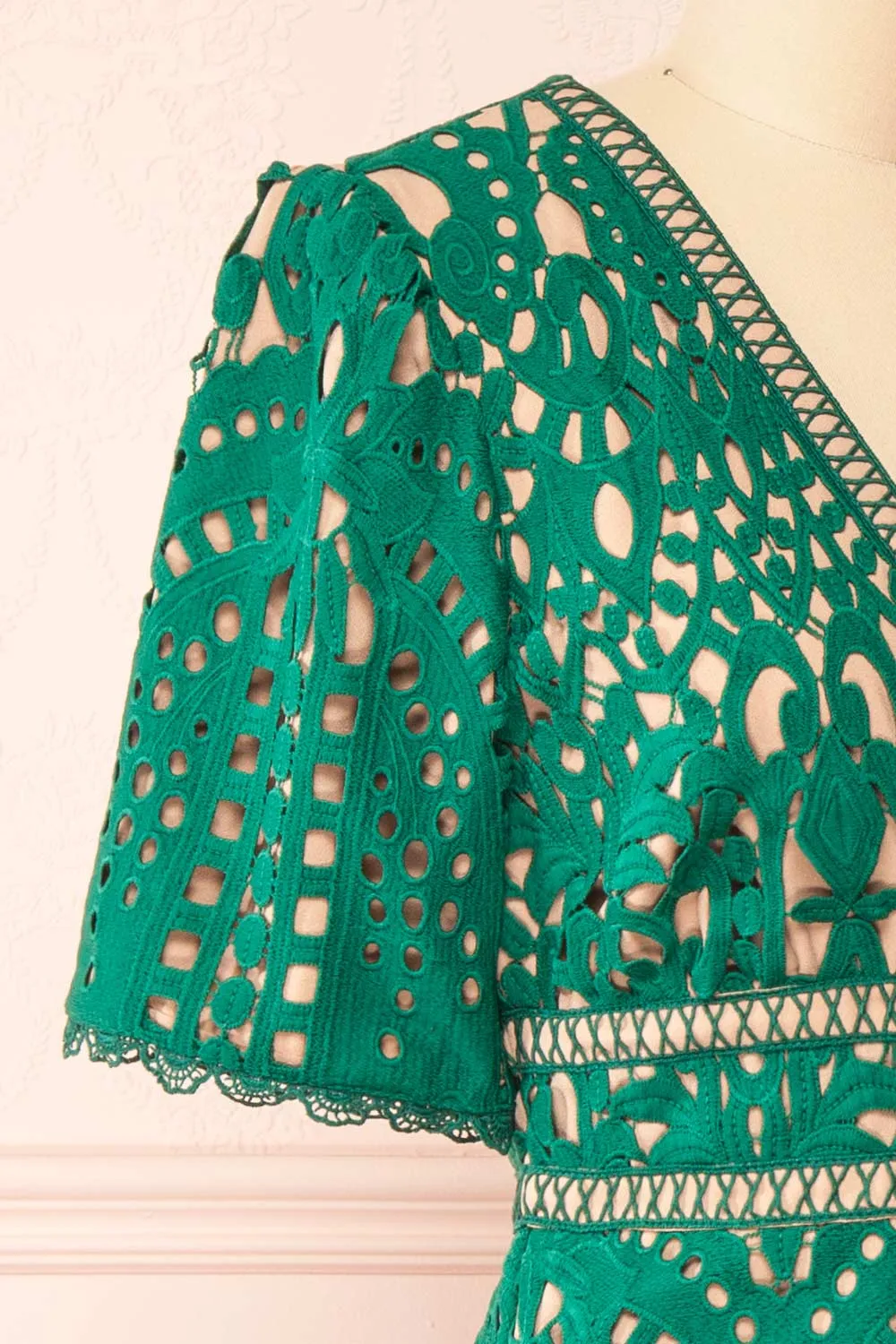 Analla | Short Green Crocheted Lace Dress