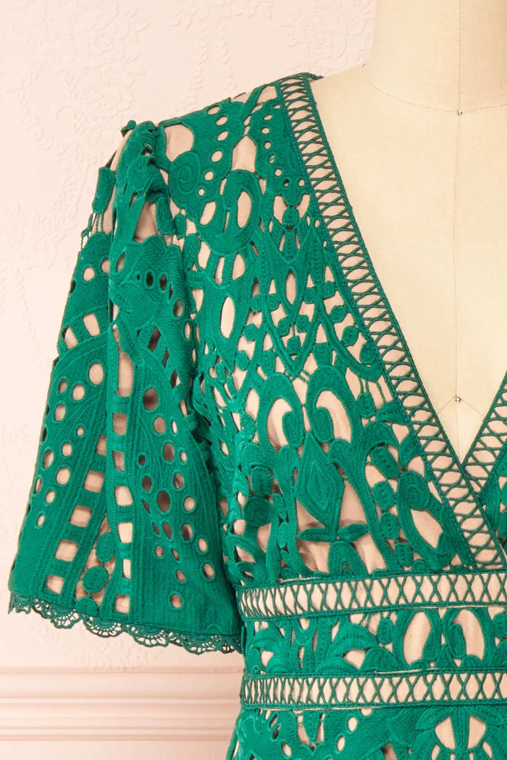 Analla | Short Green Crocheted Lace Dress
