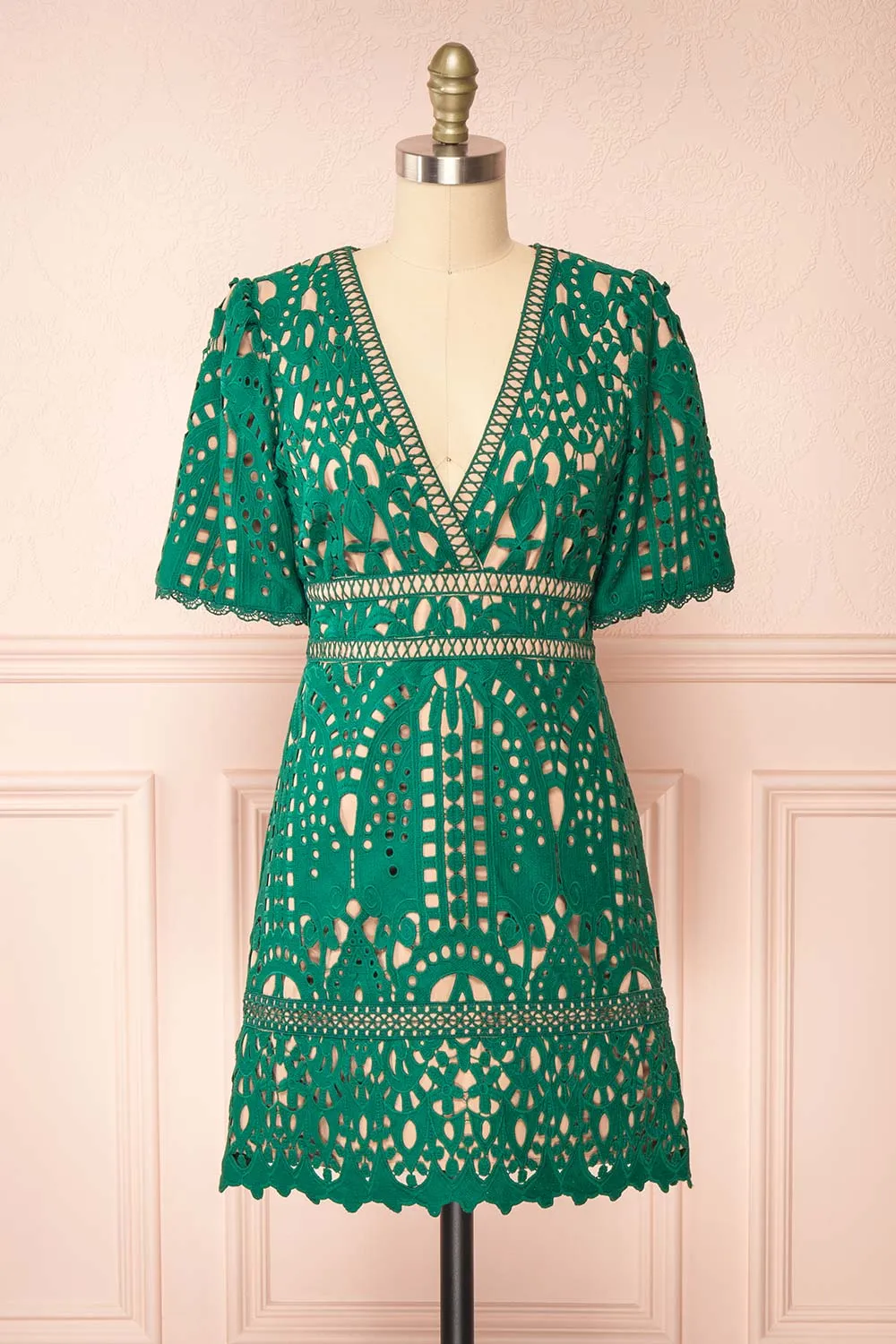 Analla | Short Green Crocheted Lace Dress