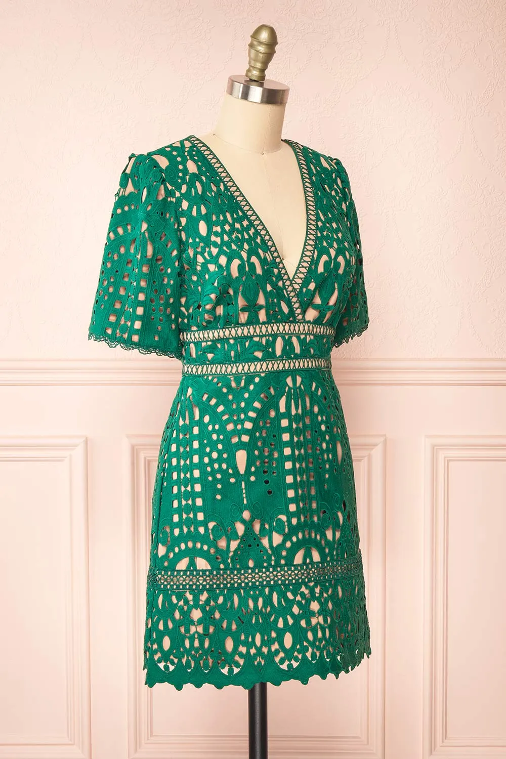 Analla | Short Green Crocheted Lace Dress