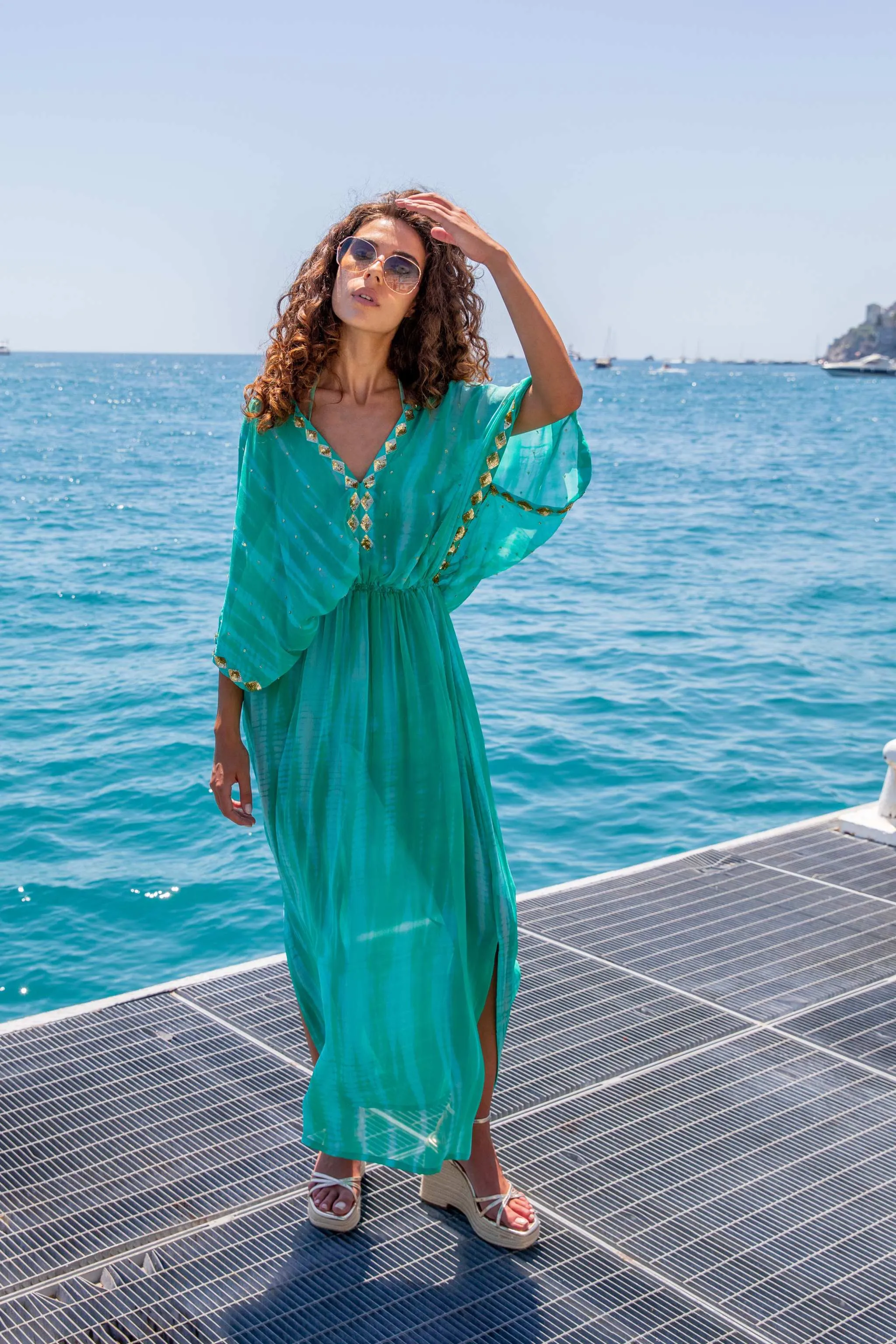 Aqua Silk Designer Kaftan Maxi Dress
