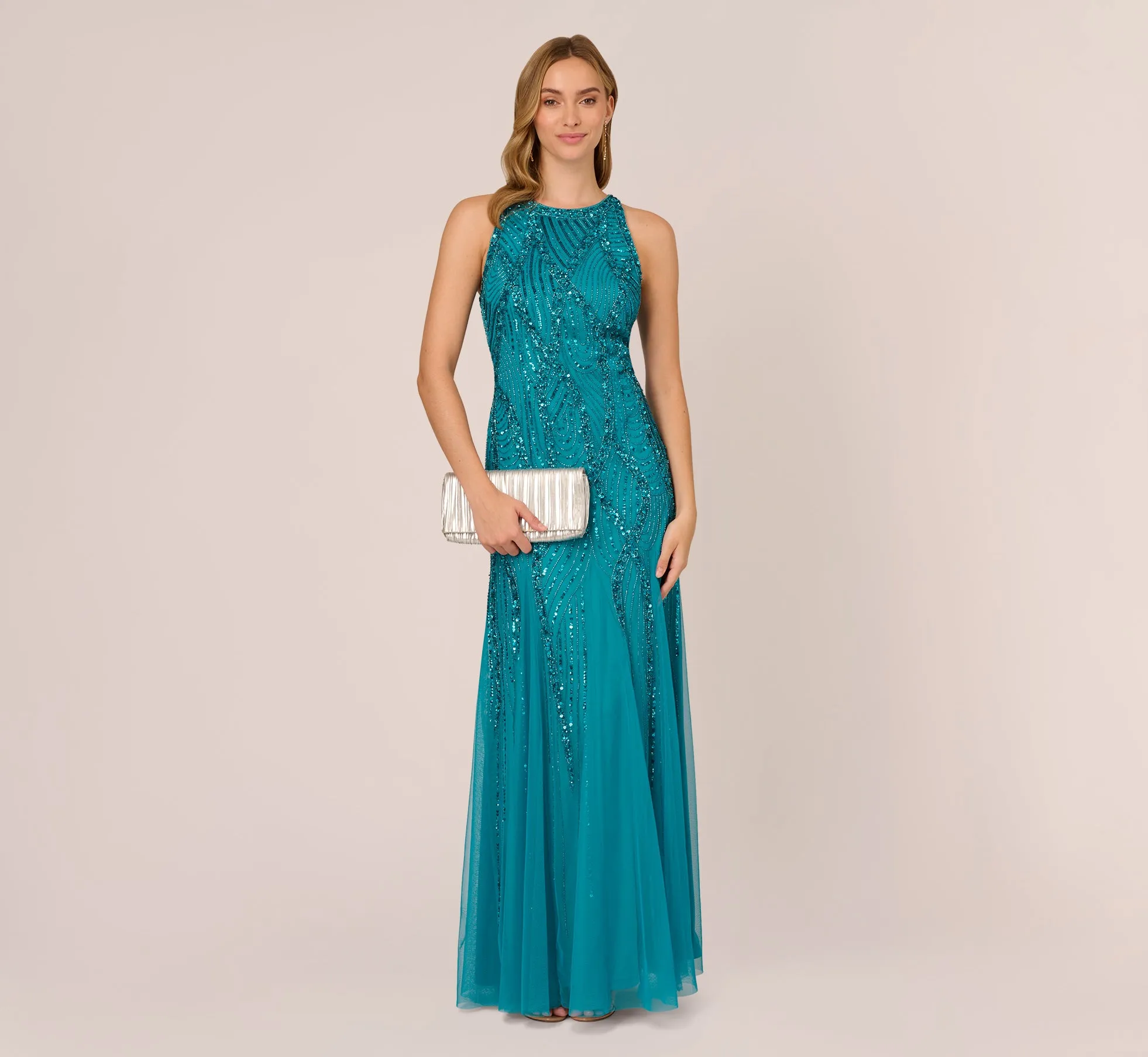 Beaded Halter Gown With Godet Skirt In Teal