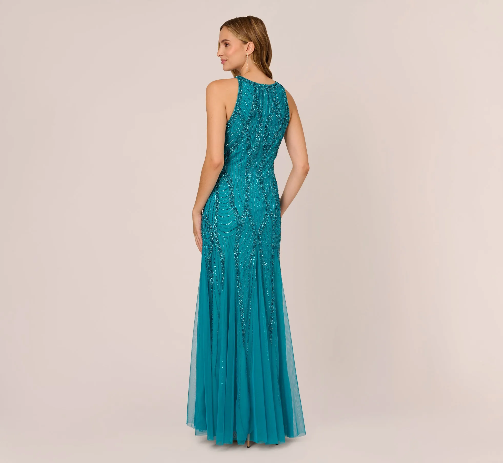Beaded Halter Gown With Godet Skirt In Teal