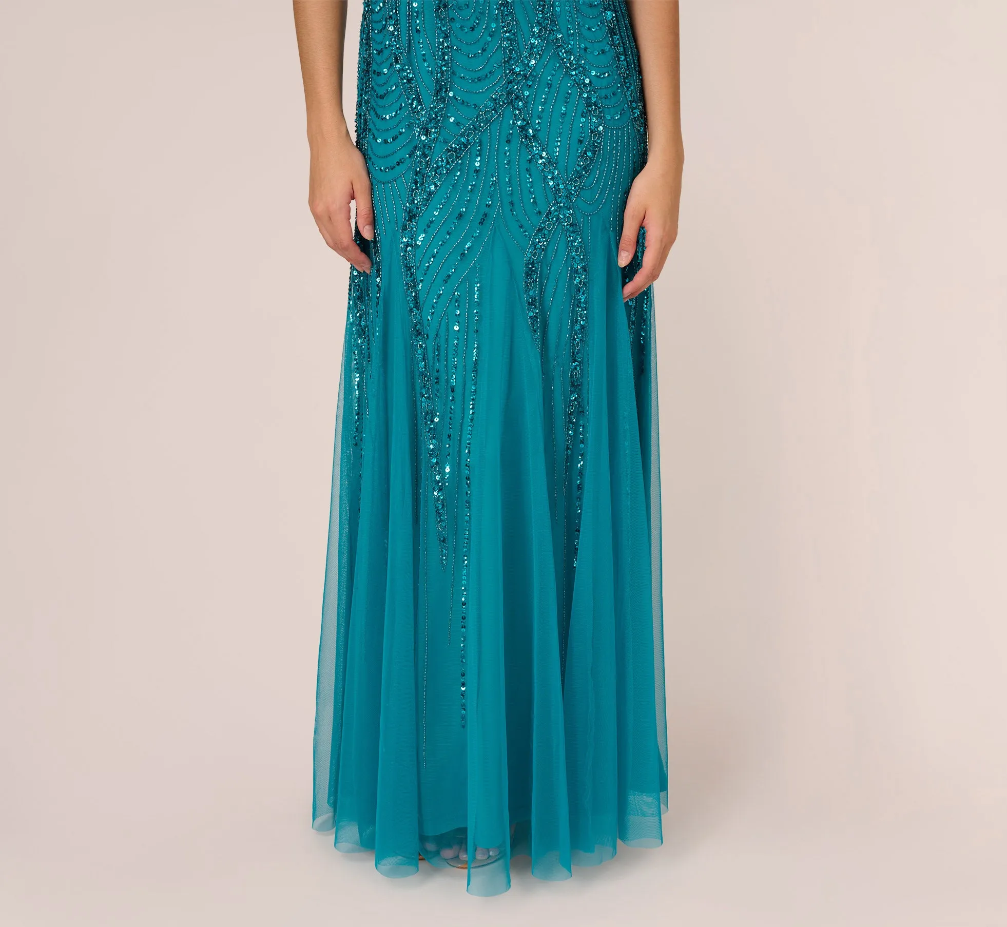 Beaded Halter Gown With Godet Skirt In Teal