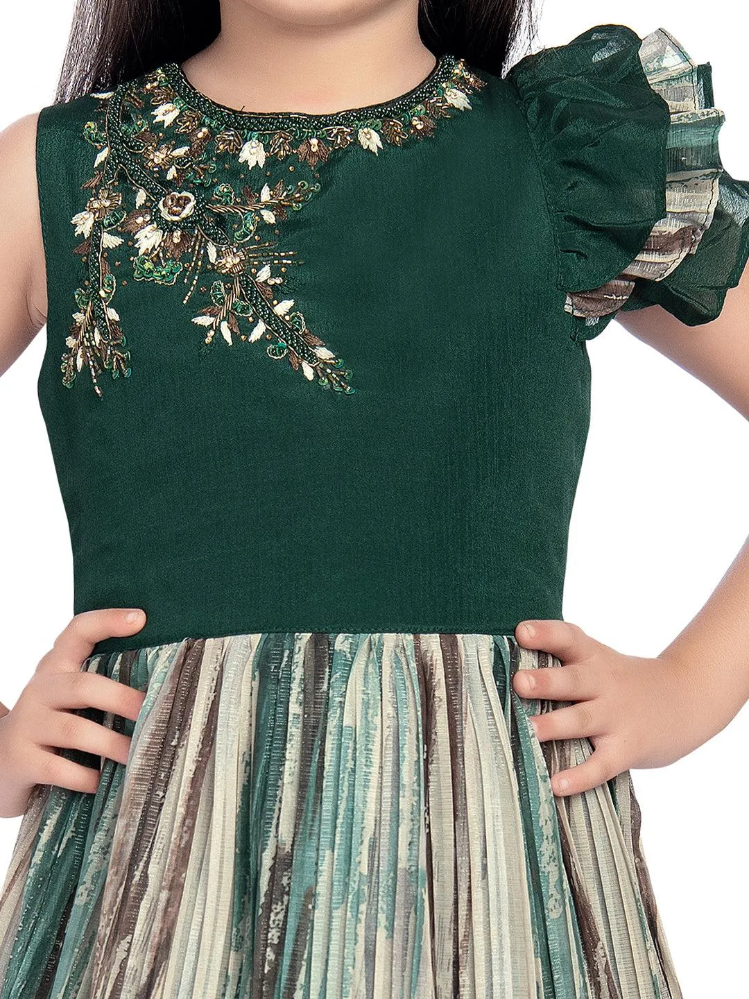 Bettle Coloured Ruffle Style One Sided Sleeves Gown For Girls