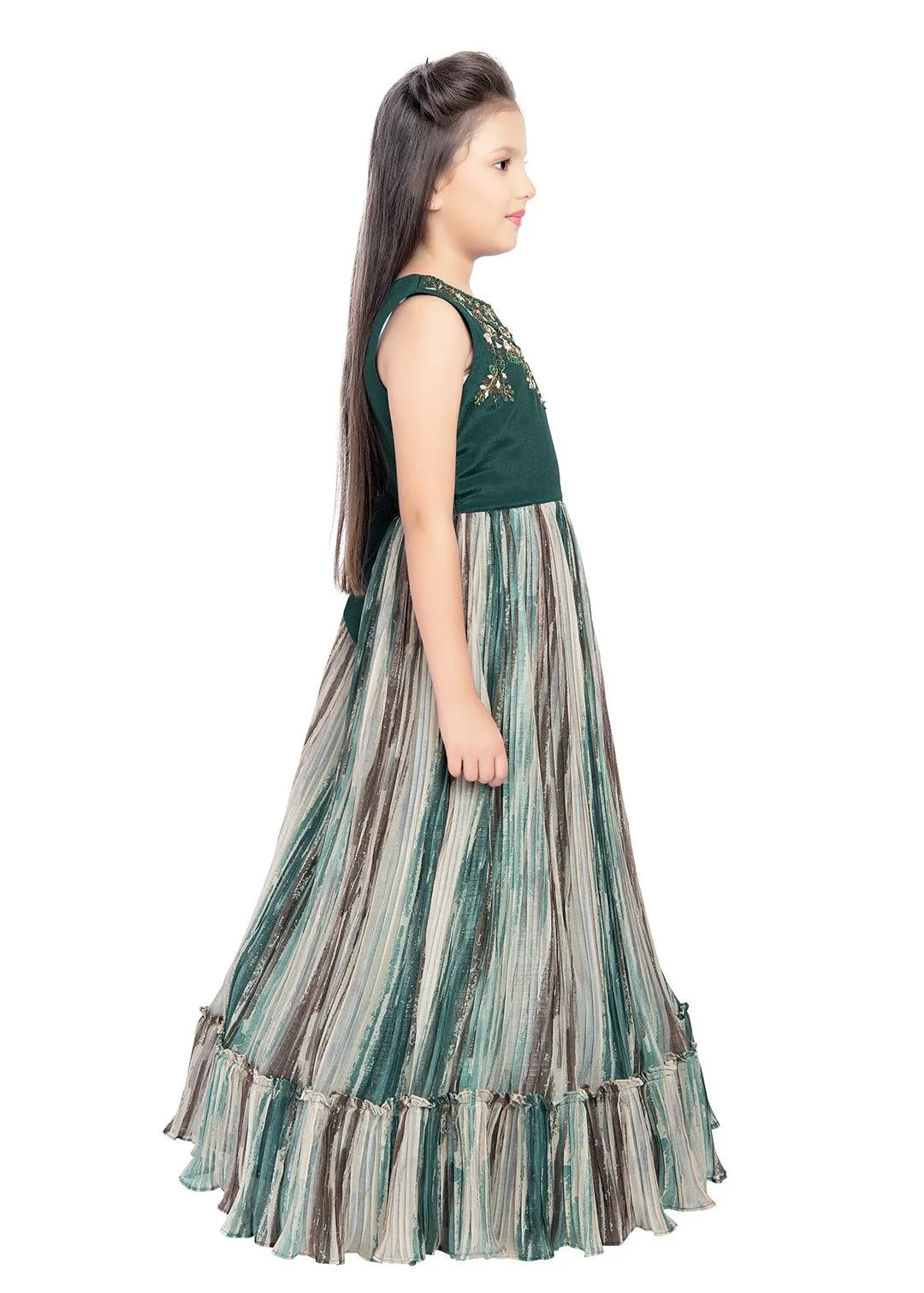 Bettle Coloured Ruffle Style One Sided Sleeves Gown For Girls