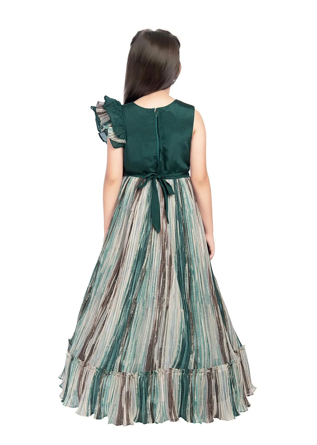 Bettle Coloured Ruffle Style One Sided Sleeves Gown For Girls