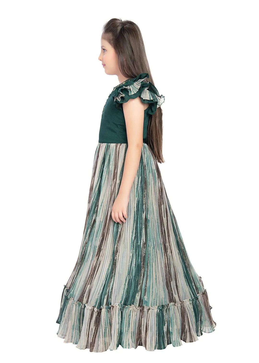 Bettle Coloured Ruffle Style One Sided Sleeves Gown For Girls