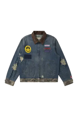 BURNIN* "Burnin for people" camouflage splicing damaged patch denim jacket