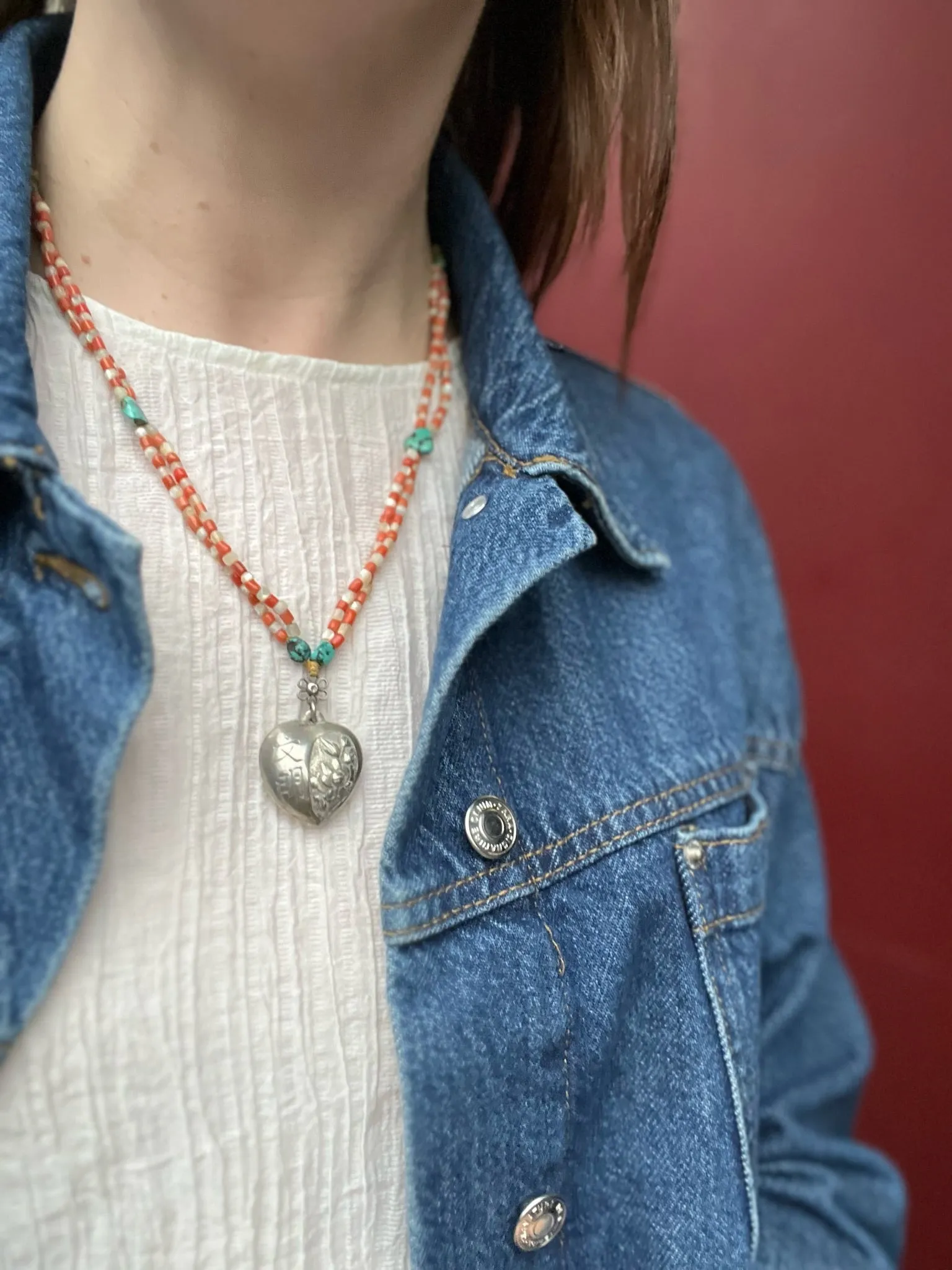 Chinese Repoussé Silver Heart Pendant on Beads
