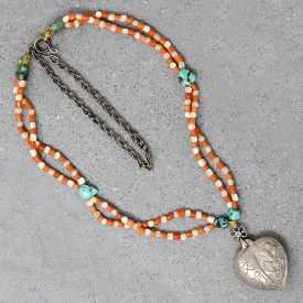 Chinese Repoussé Silver Heart Pendant on Beads