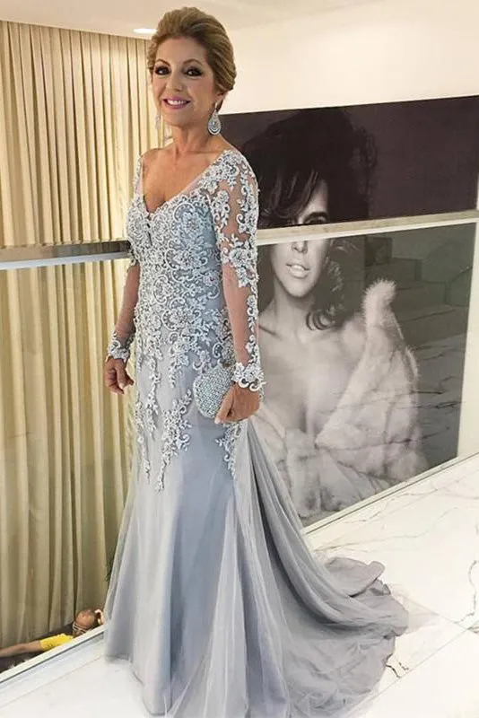 Dusty Silver Lace Appliques Long Sleeves Mermaid Mother of the Bride Dress MO105