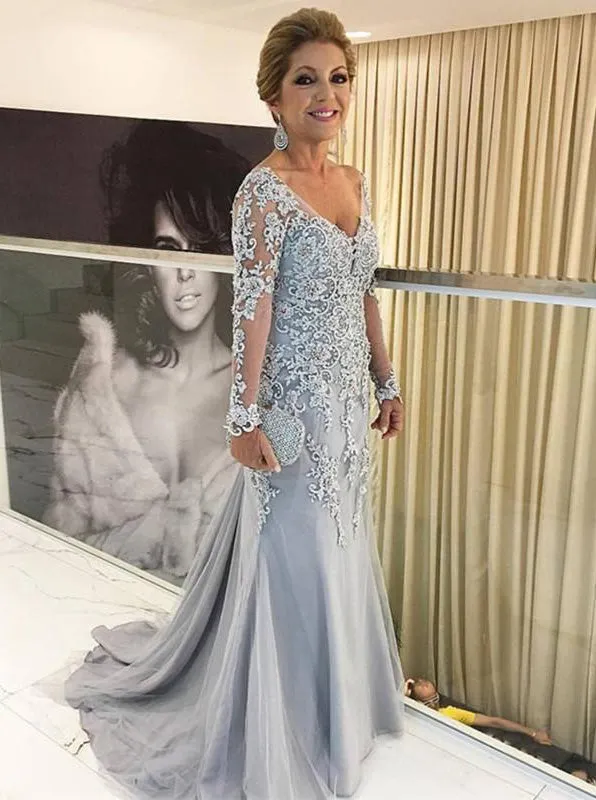 Dusty Silver Lace Appliques Long Sleeves Mermaid Mother of the Bride Dress MO105