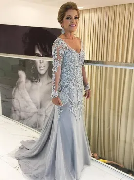 Dusty Silver Lace Appliques Long Sleeves Mermaid Mother of the Bride Dress MO105