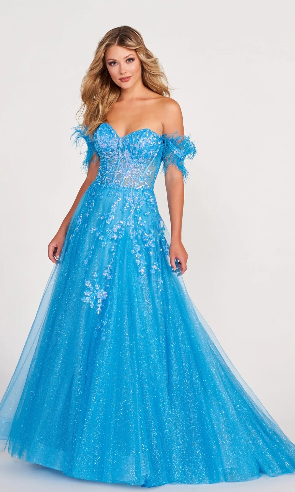 Ellie Wilde Ball Gown With Feather Off The Shoulder Details