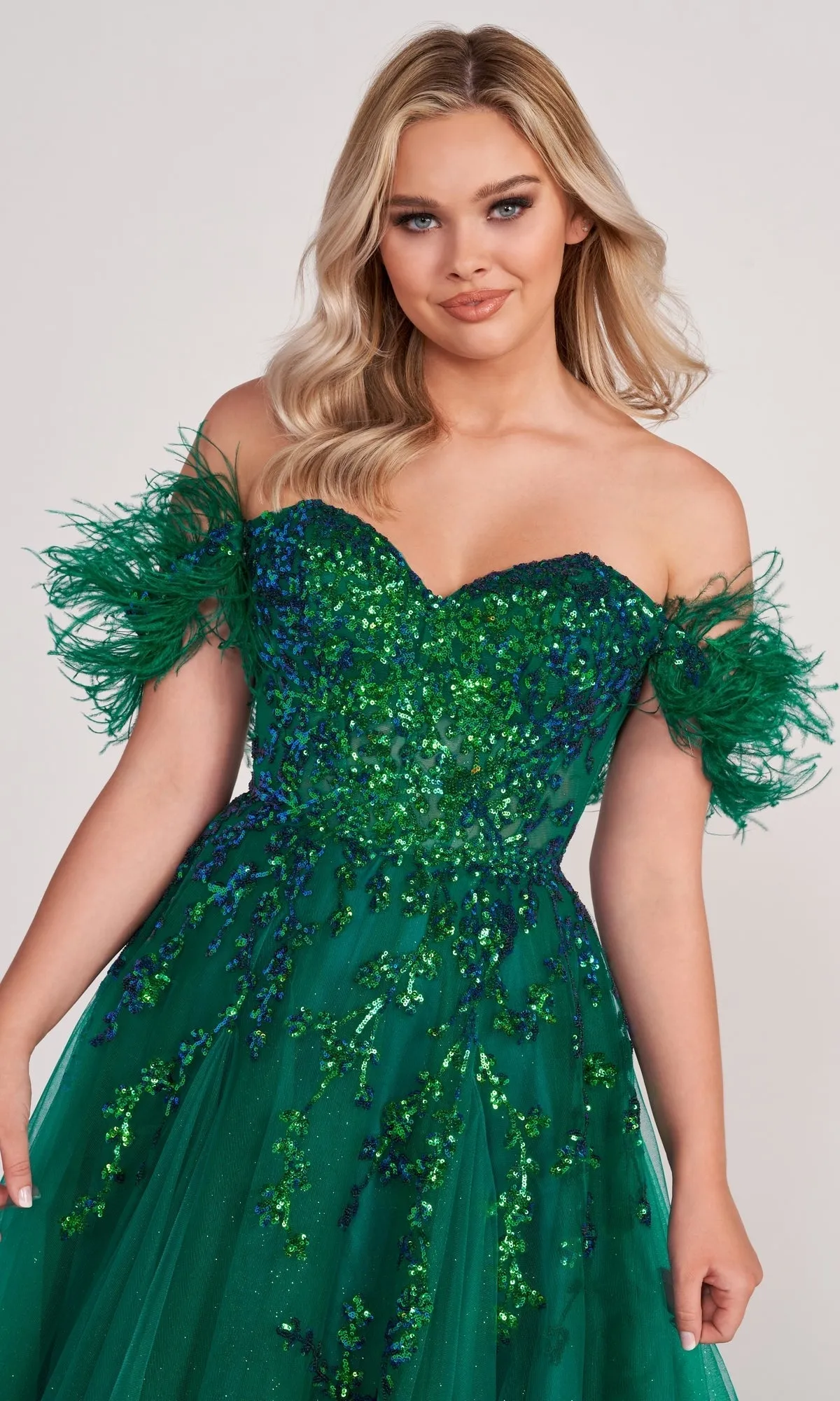 Ellie Wilde Ball Gown With Feather Off The Shoulder Details