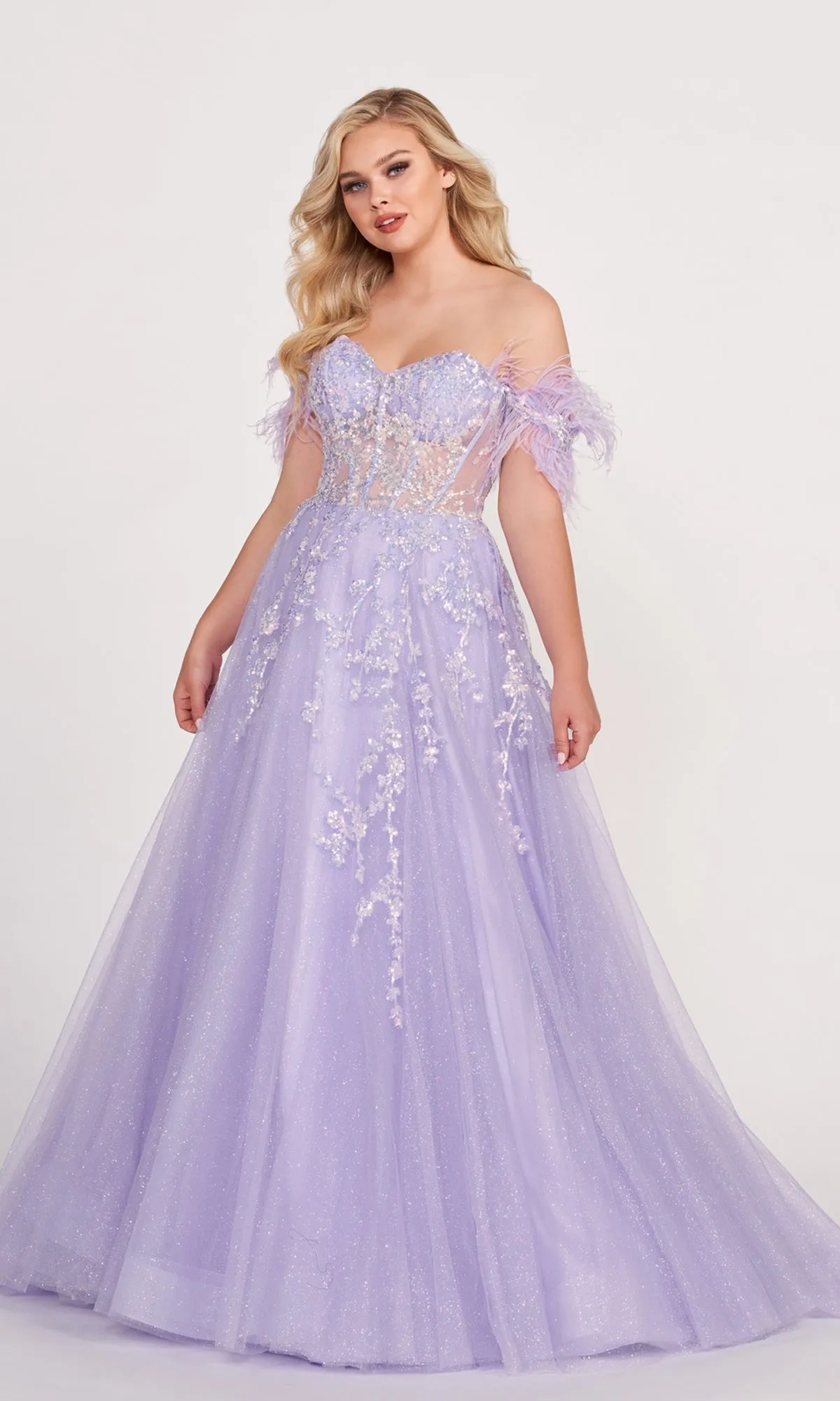 Ellie Wilde Ball Gown With Feather Off The Shoulder Details