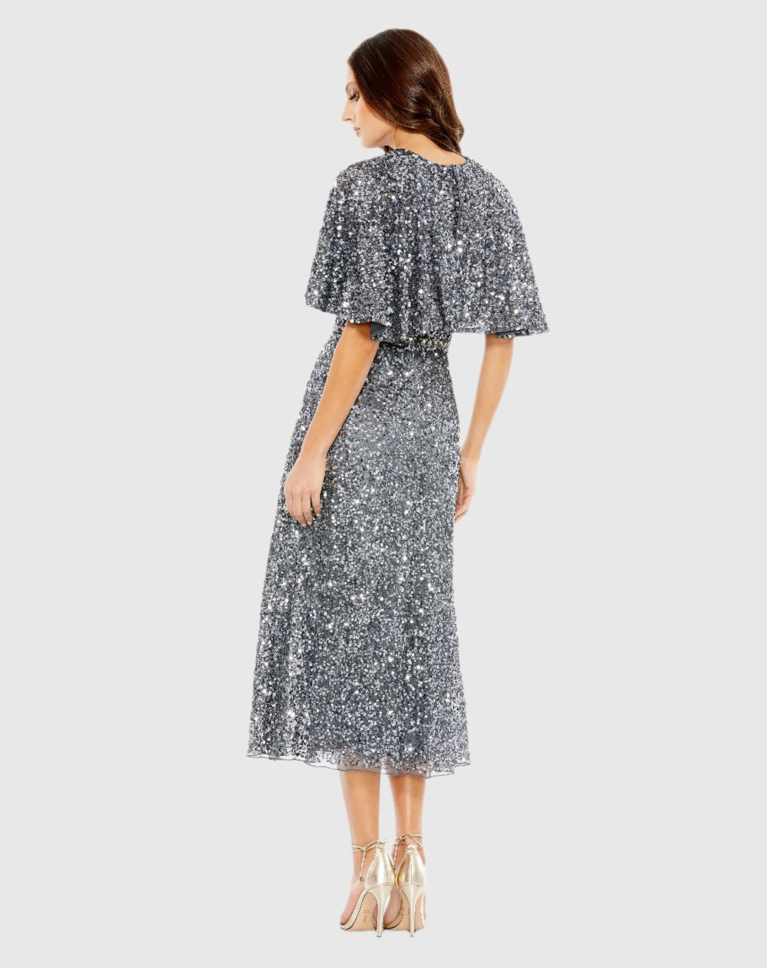 Embellished Cape High Neck Midi Dress