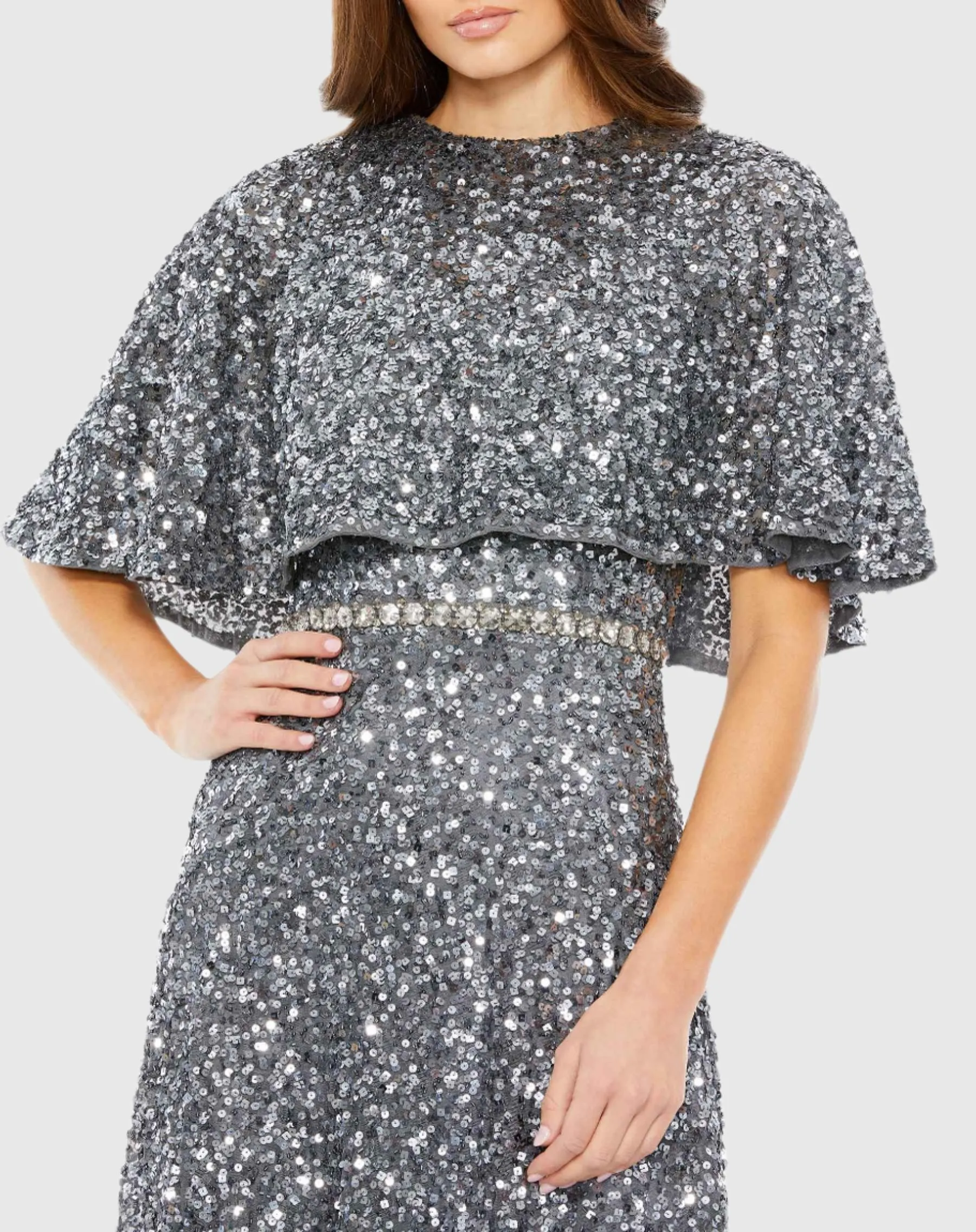 Embellished Cape High Neck Midi Dress