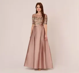 Embellished Taffeta Gown With Sheer Elbow Length Sleeves In Stone