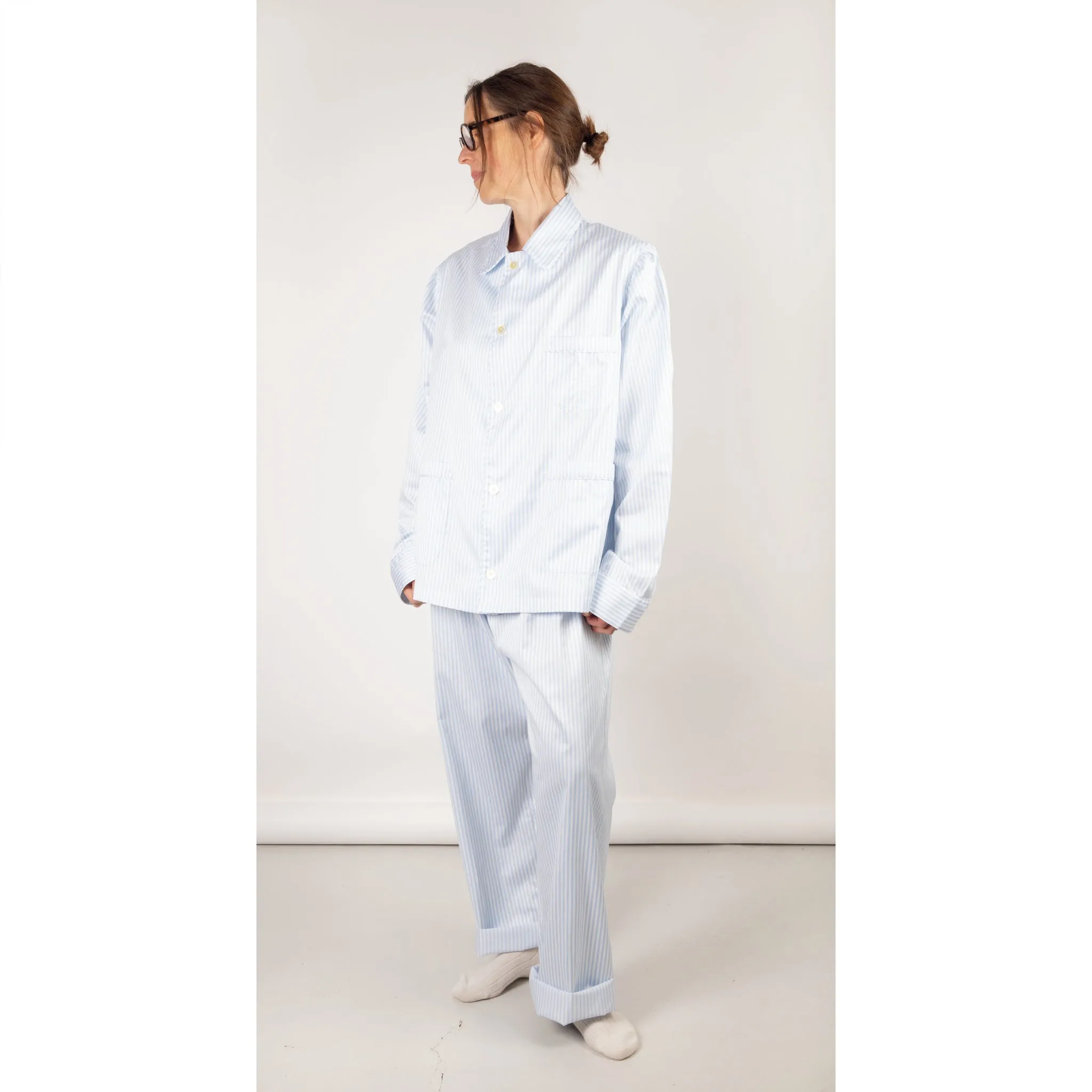 Finamore Cotton Pyjamas in White / Blue Stripe