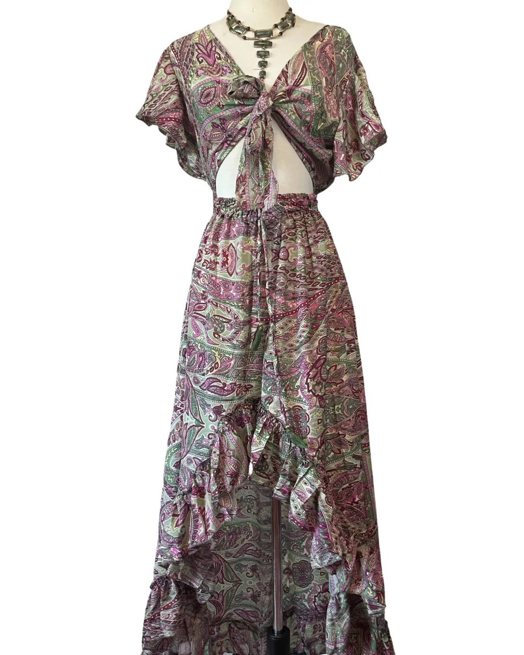 Front tie cut out dress with high - low ruffle (Green - pink)