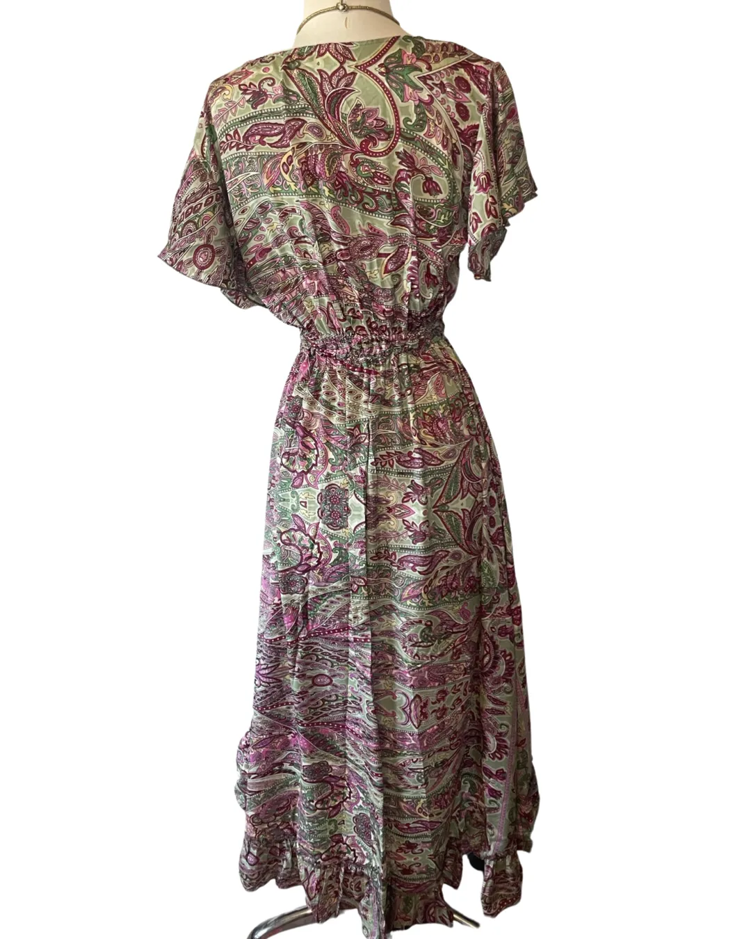 Front tie cut out dress with high - low ruffle (Green - pink)