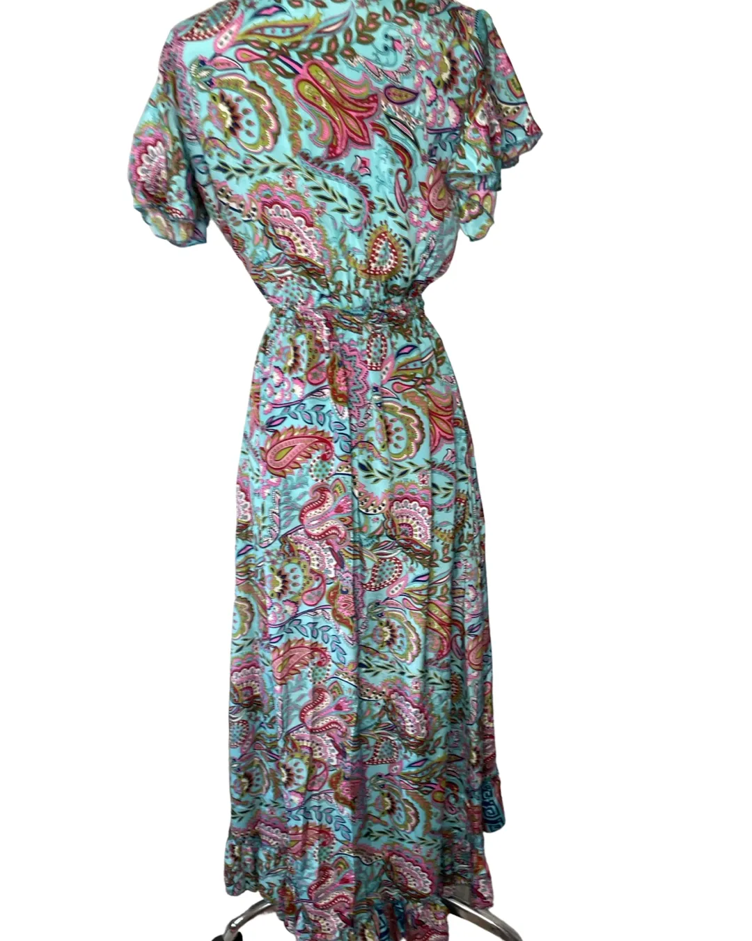 Front tie cut out dress with high - low ruffle (turquoise-Pink)