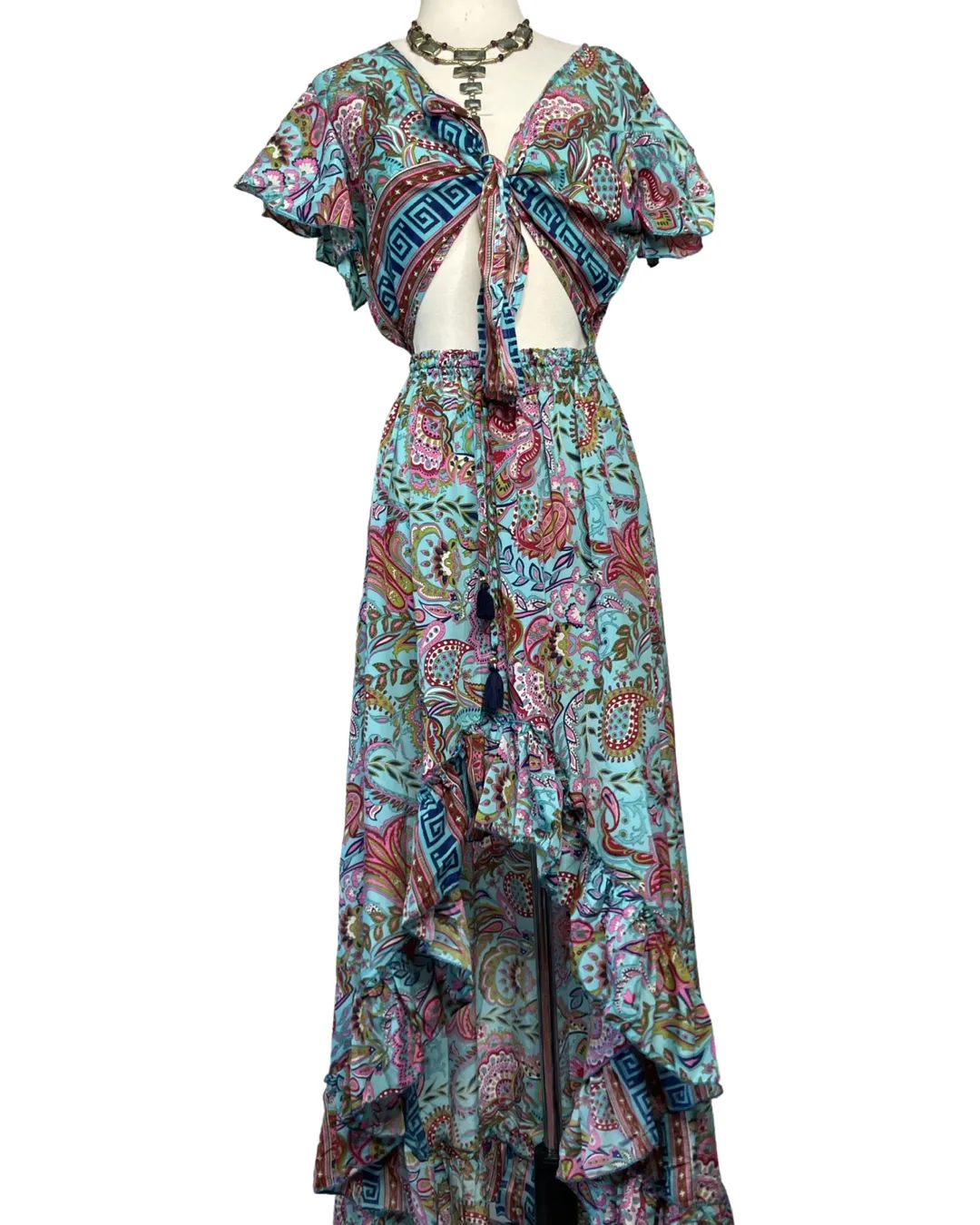 Front tie cut out dress with high - low ruffle (turquoise-Pink)