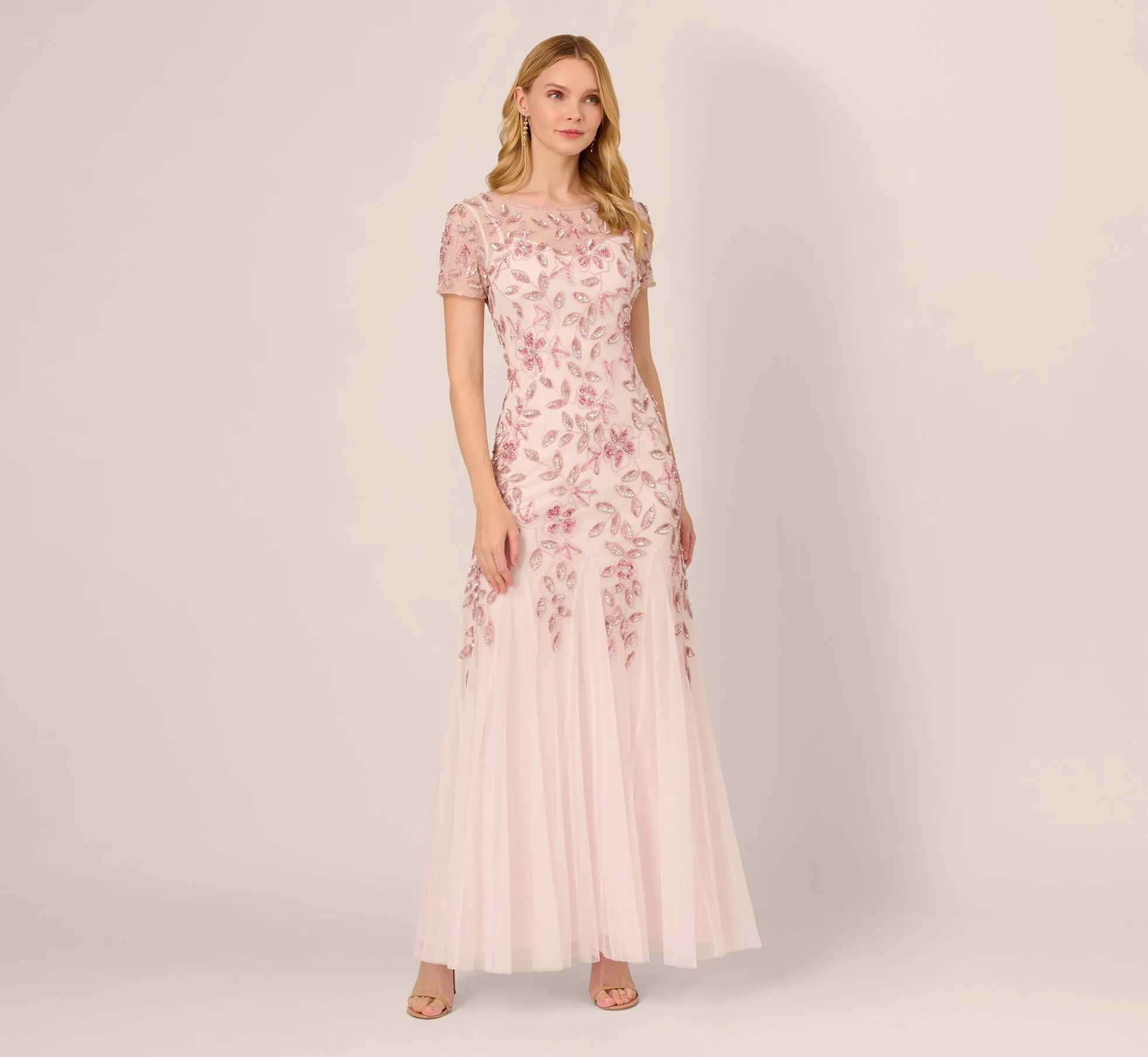 Hand Beaded Short Sleeve Floral Godet Gown In Blush Pink