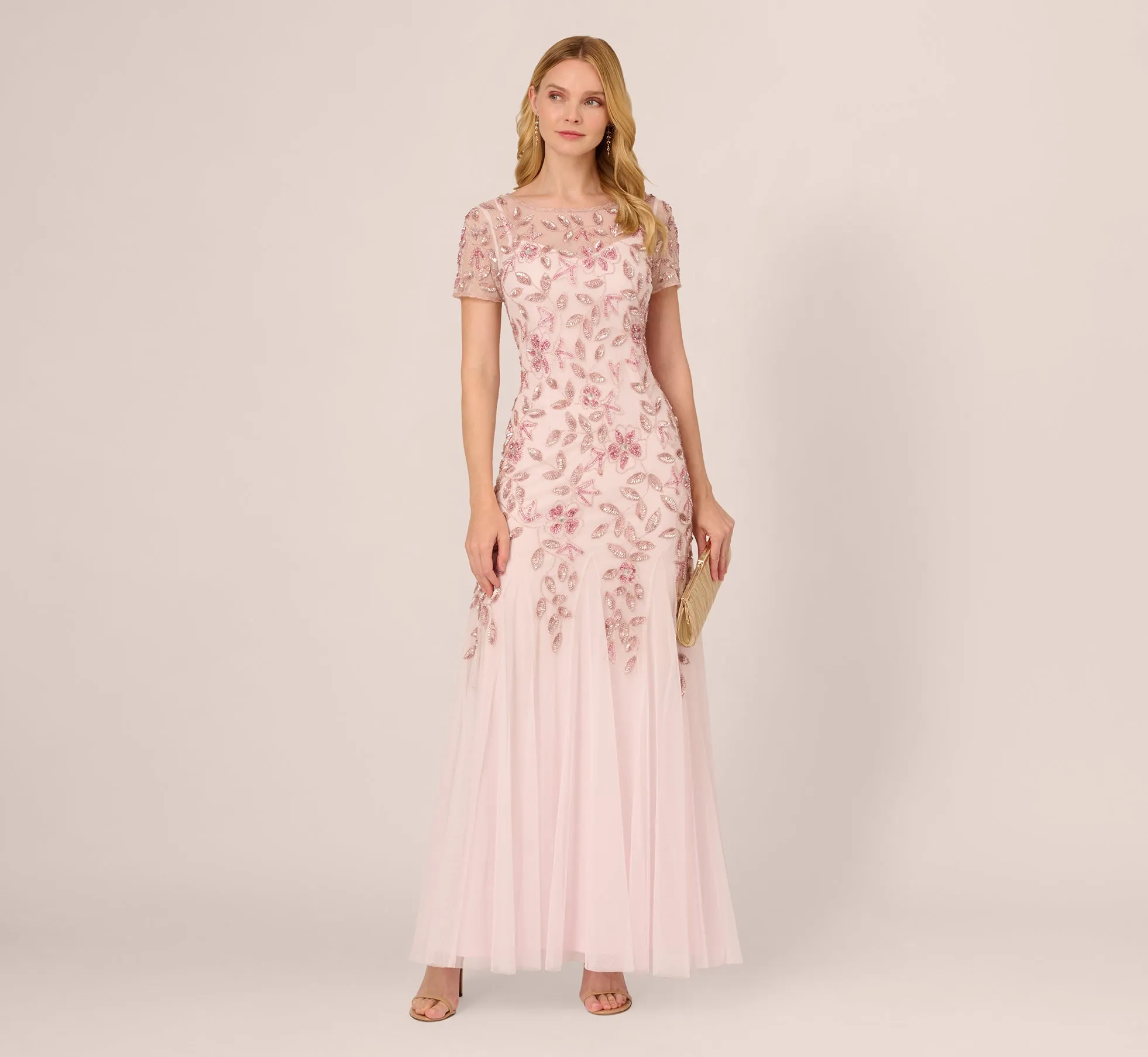 Hand Beaded Short Sleeve Floral Godet Gown In Blush Pink