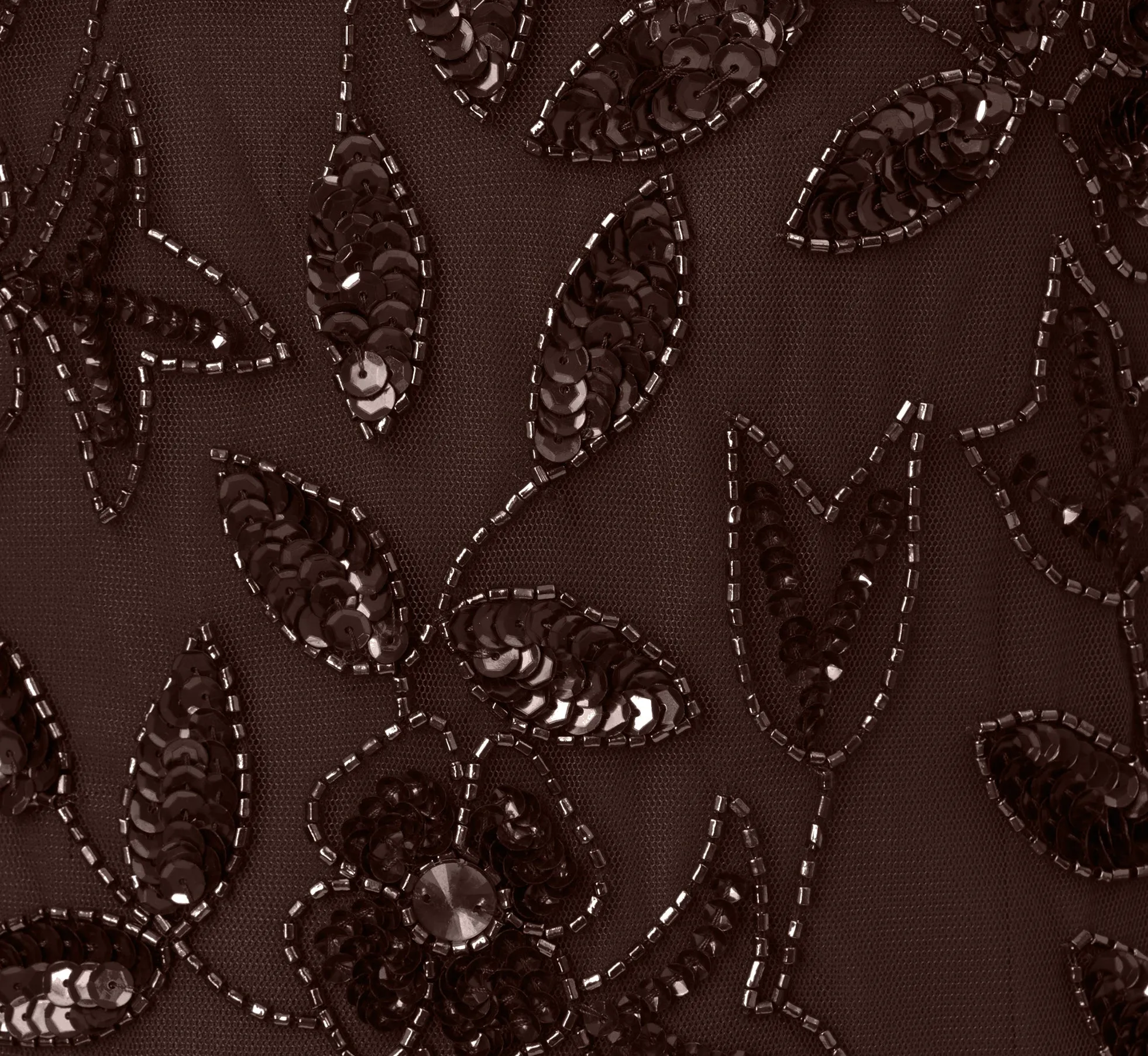 Hand Beaded Short Sleeve Floral Godet Gown In Chocolate