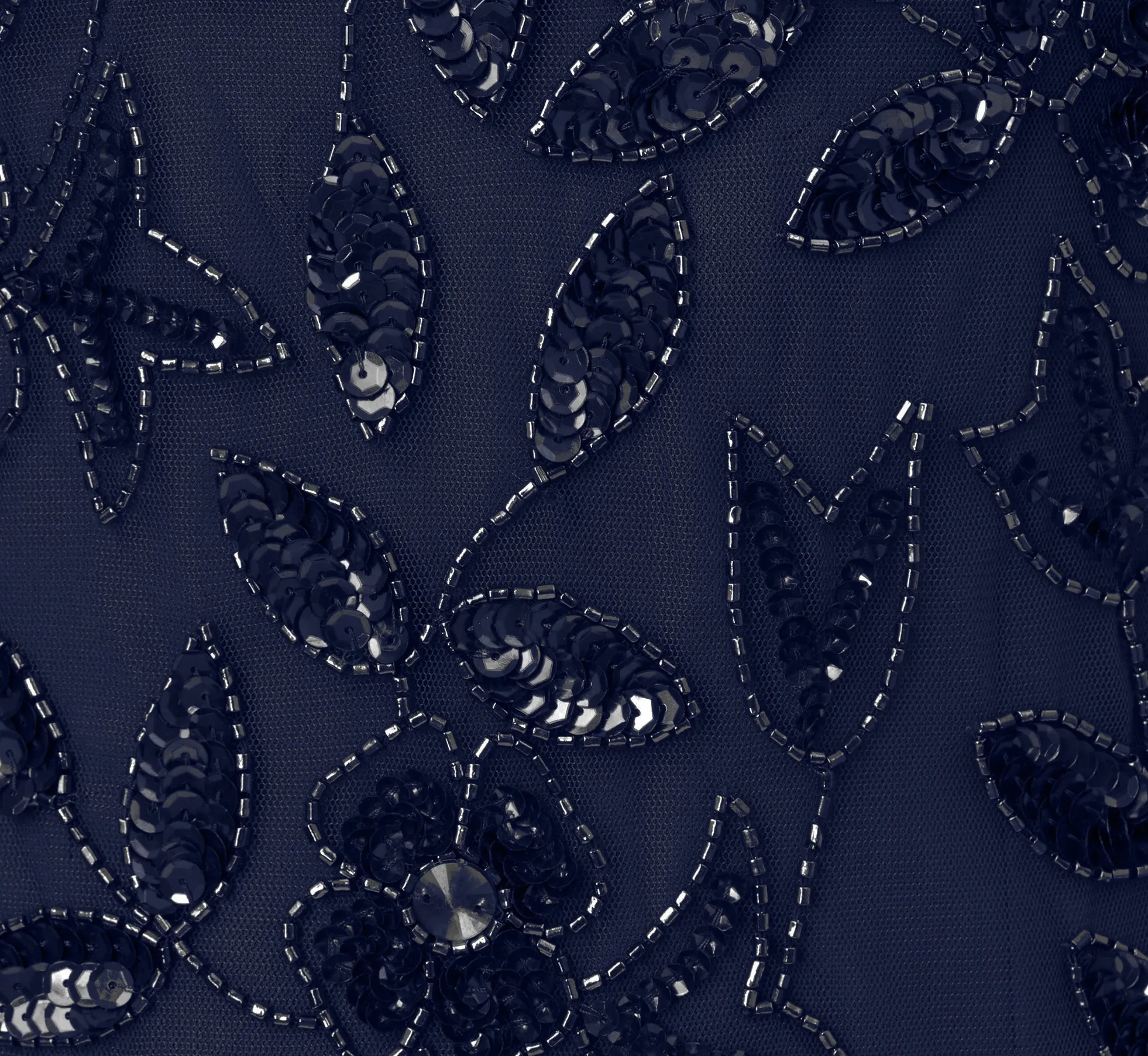 Hand Beaded Short Sleeve Floral Godet Gown In Light Navy