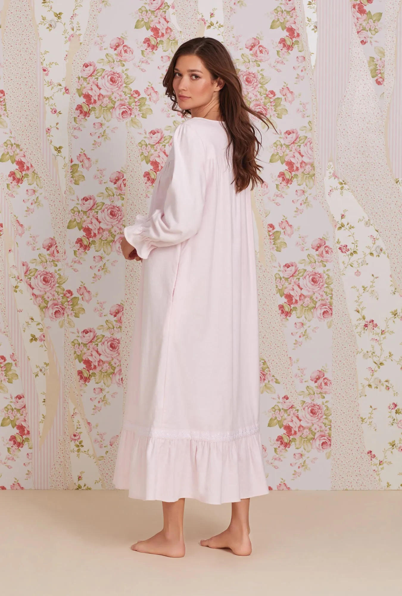 Heritage Cotton Flannel Embroidery Long Nightgown- Pink