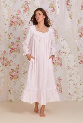 Heritage Cotton Flannel Embroidery Long Nightgown- Pink