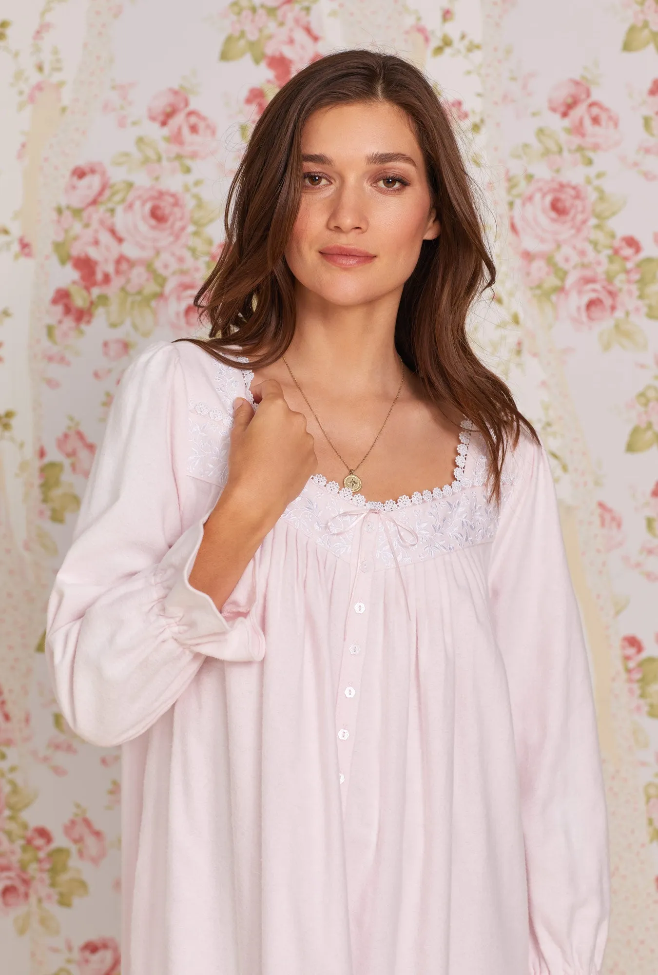 Heritage Cotton Flannel Embroidery Long Nightgown- Pink