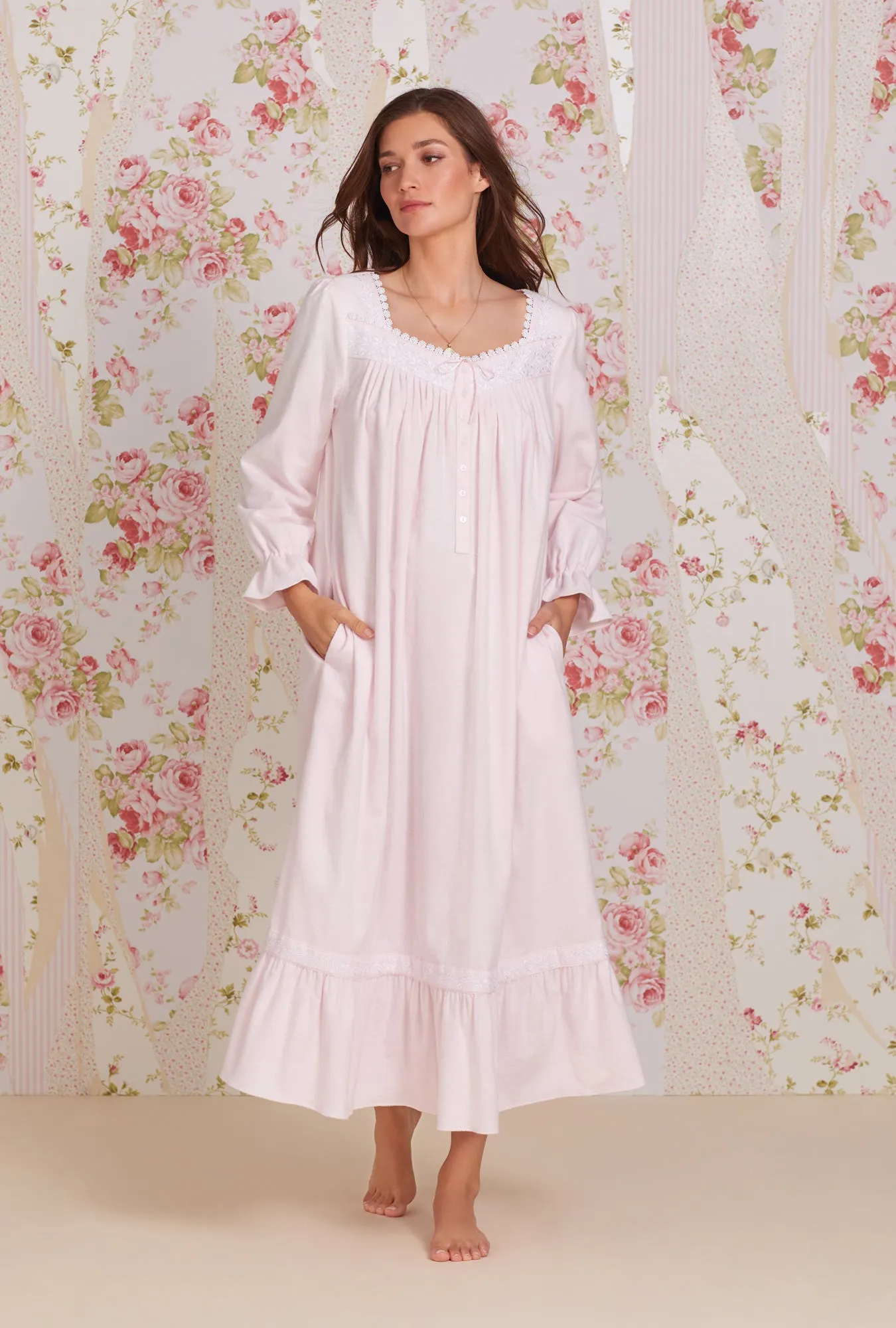 Heritage Cotton Flannel Embroidery Long Nightgown- Pink